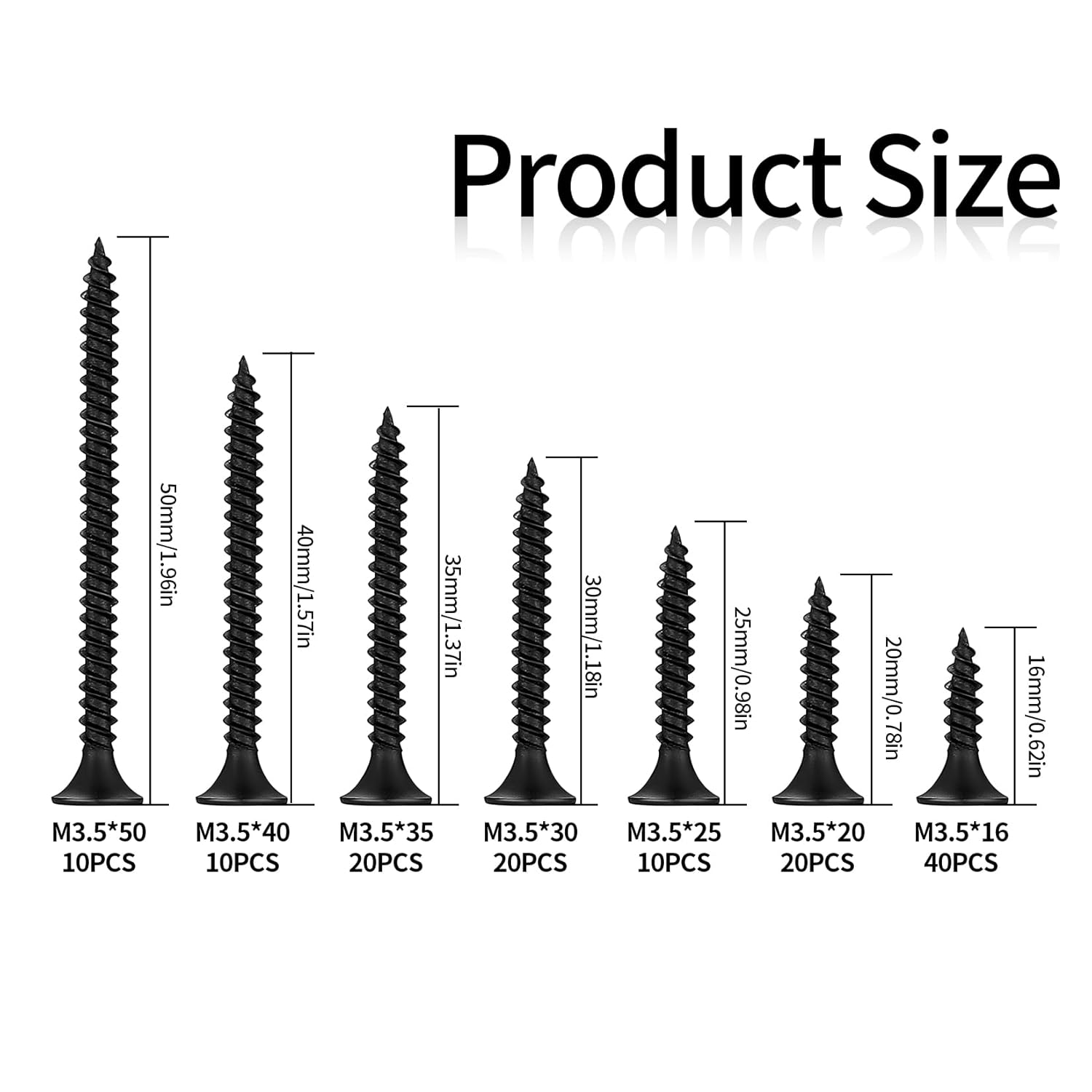 130 pieces of self -tapping wood screws, car -headed car steps, cross -length screws, black furniture - black, m3.5*(16/20/25/30/35/40/50) mm m3.5-130pcs
