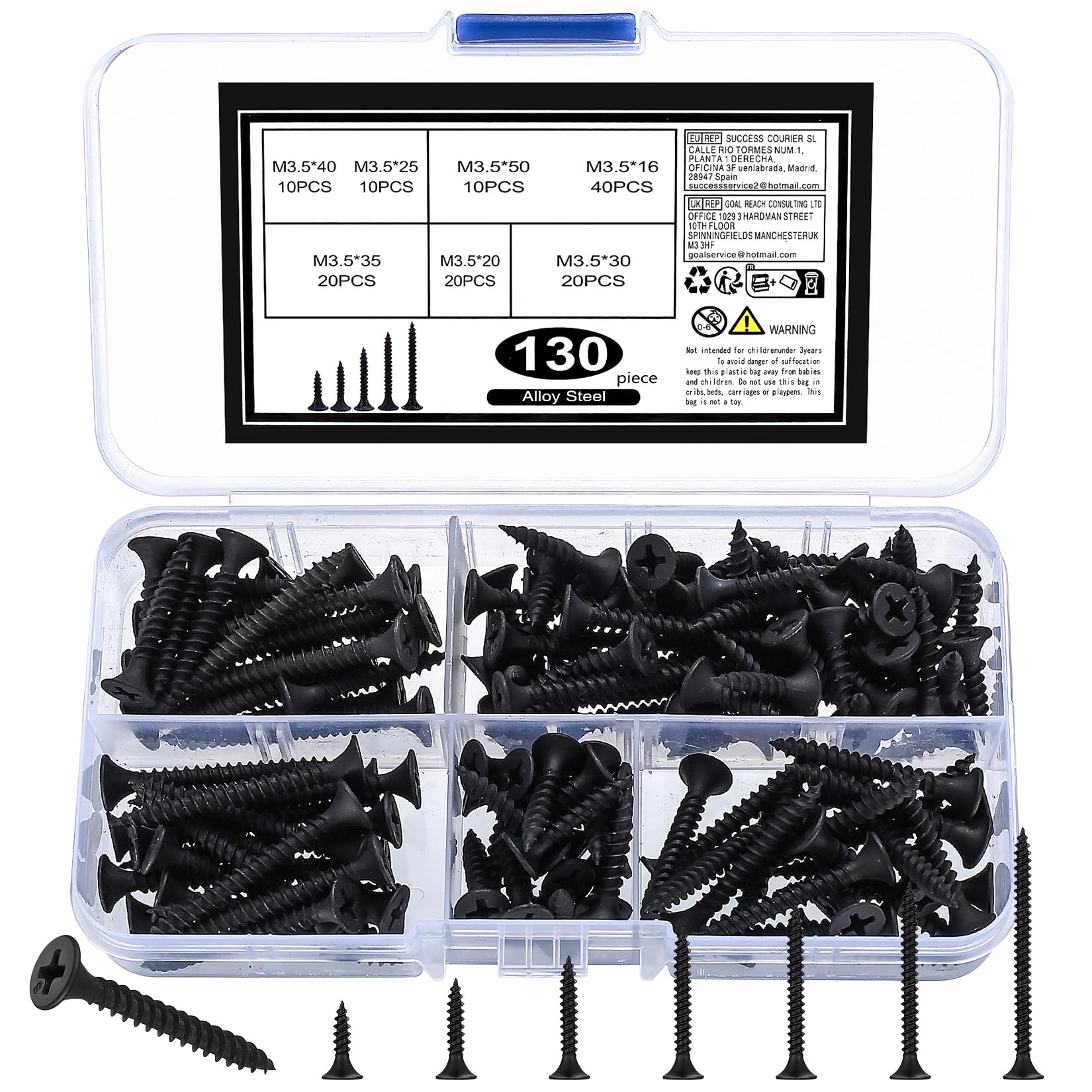 130 pieces of self -tapping wood screws, car -headed car steps, cross -length screws, black furniture - black, m3.5*(16/20/25/30/35/40/50) mm m3.5-130pcs