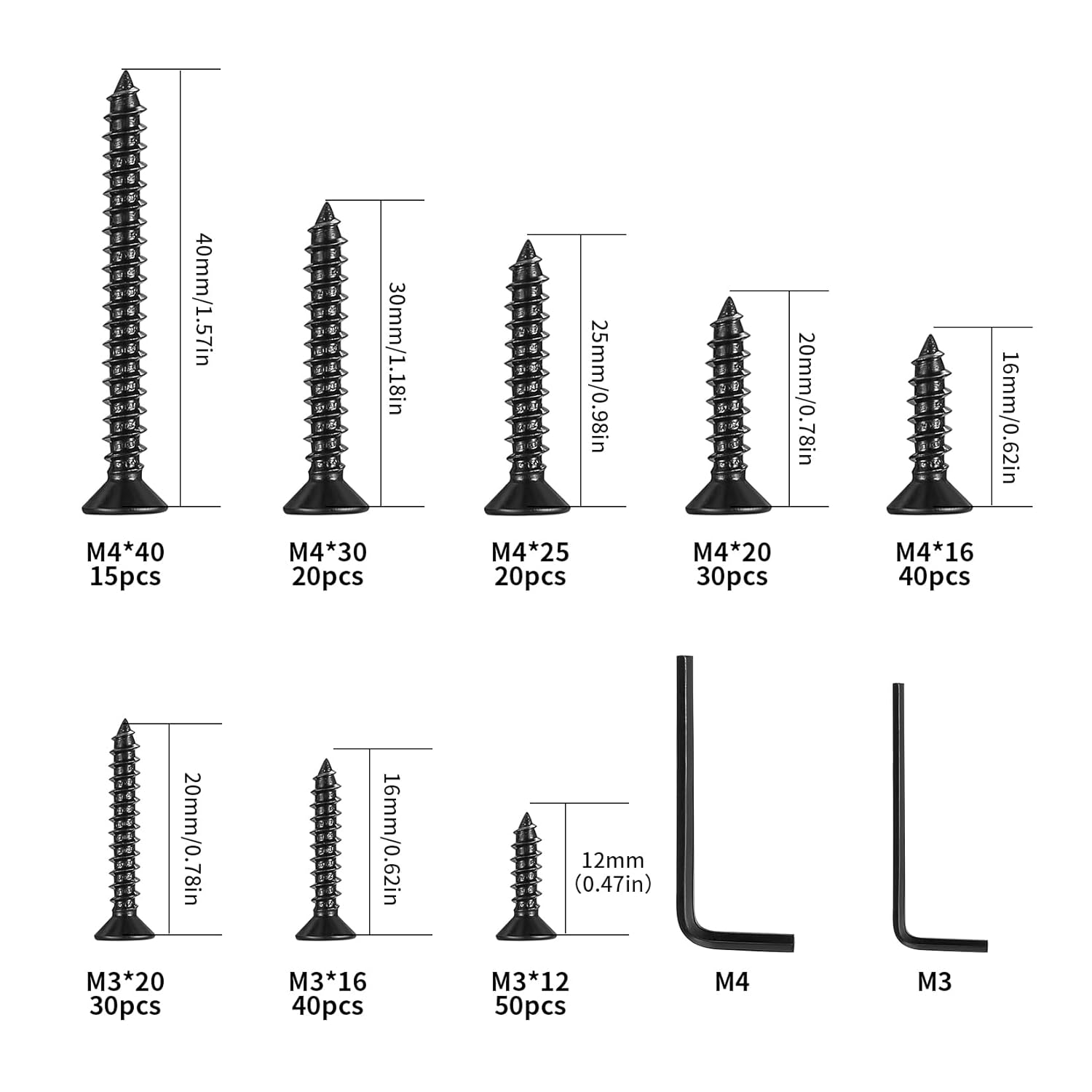 245 Pcs M3 M4 Wood screws, assortments of self -tapping screws for wood, set of flat head screws, flared head screws with built -in hexagon, kit of plastic plastic sheet metal