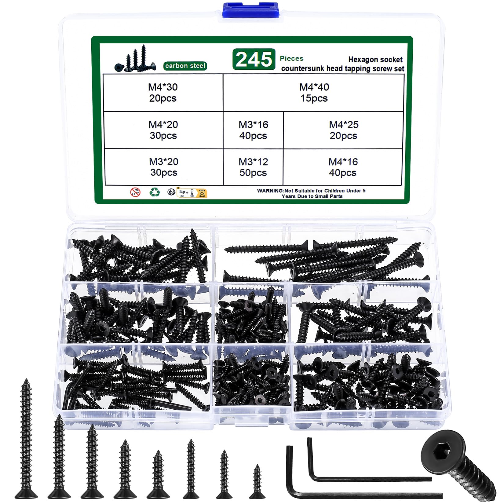 245 Pcs M3 M4 Wood screws, assortments of self -tapping screws for wood, set of flat head screws, flared head screws with built -in hexagon, kit of plastic plastic sheet metal