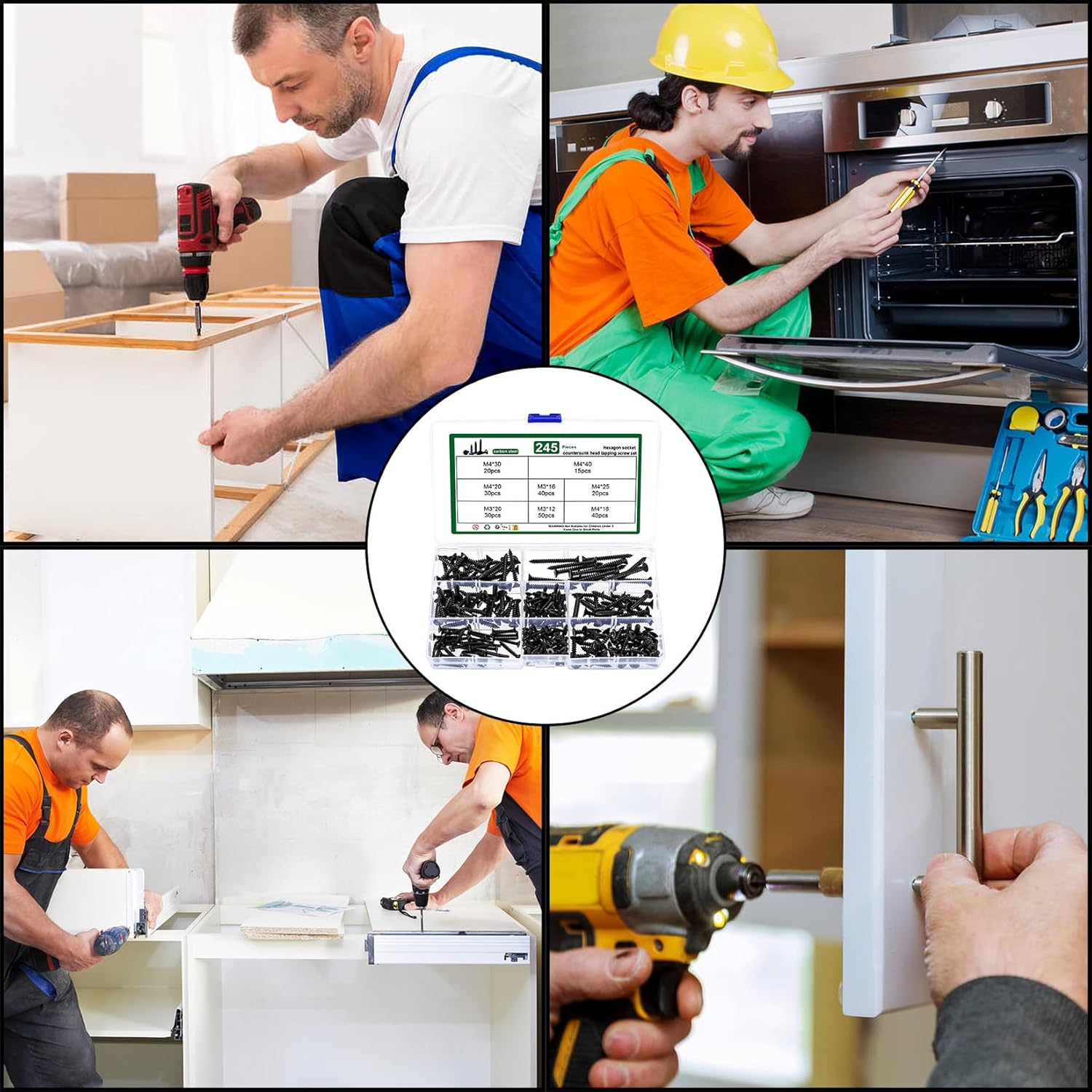 245 Pcs M3 M4 Wood screws, assortments of self -tapping screws for wood, set of flat head screws, flared head screws with built -in hexagon, kit of plastic plastic sheet metal