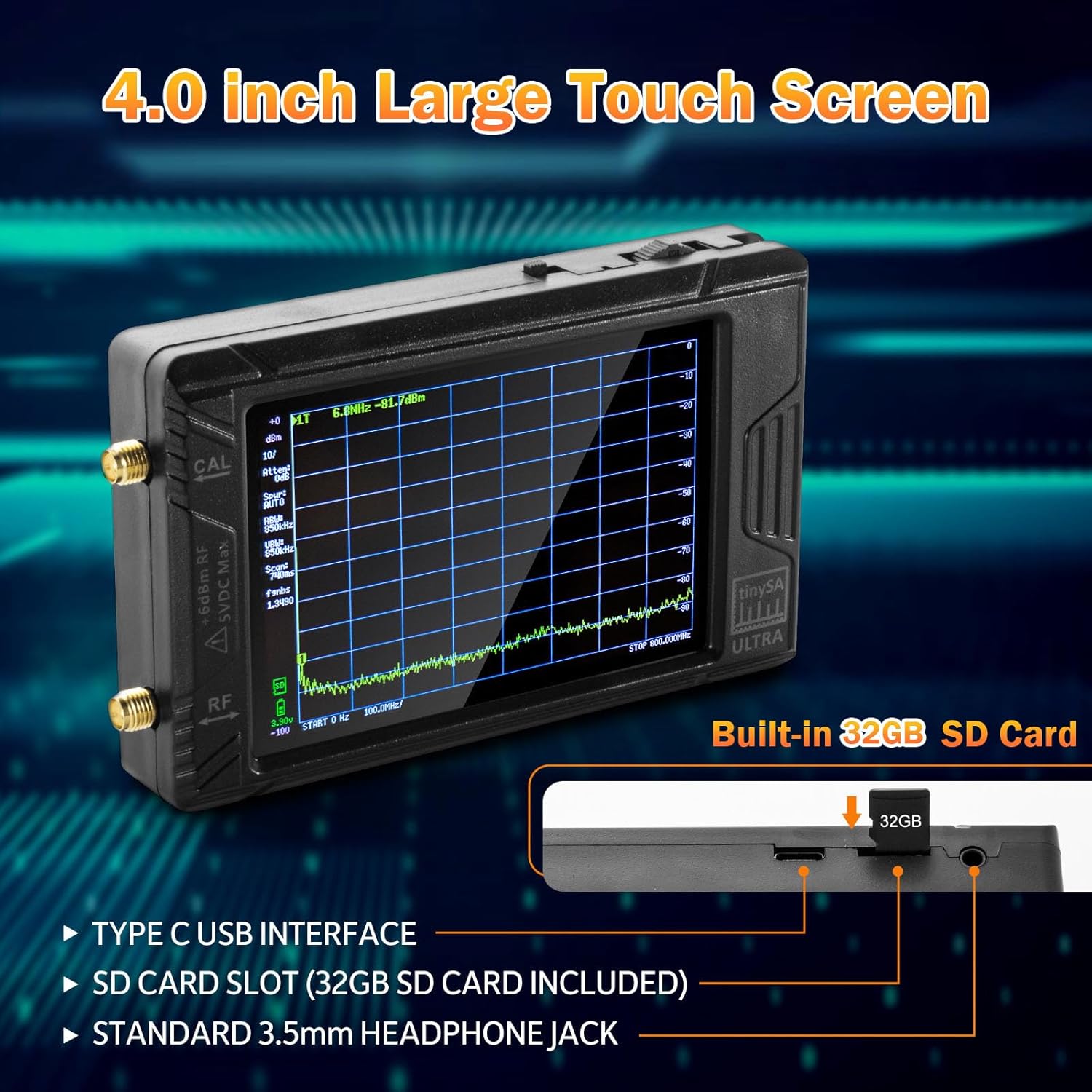 Aursinc Tinysa Ultra+ ZS406 Specrum analyzer with mitigating 50W, 100khz-5.4GHz 4 inches portable frequency analyzer with 32GB card, 2 in 1 MF/HF/VHF ET ADVANNUATEUR 25W input signal.