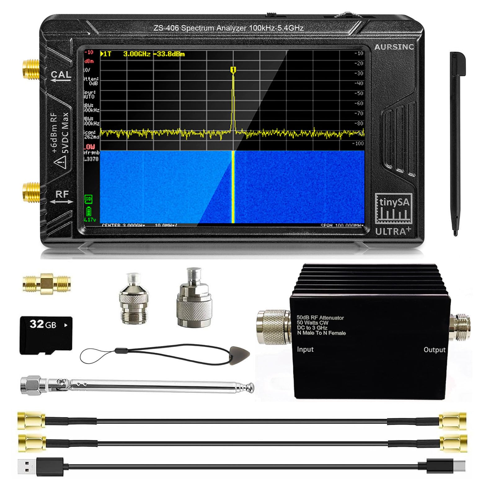 Aursinc Tinysa Ultra+ ZS406 Specrum analyzer with mitigating 50W, 100khz-5.4GHz 4 inches portable frequency analyzer with 32GB card, 2 in 1 MF/HF/VHF ET ADVANNUATEUR 25W input signal.
