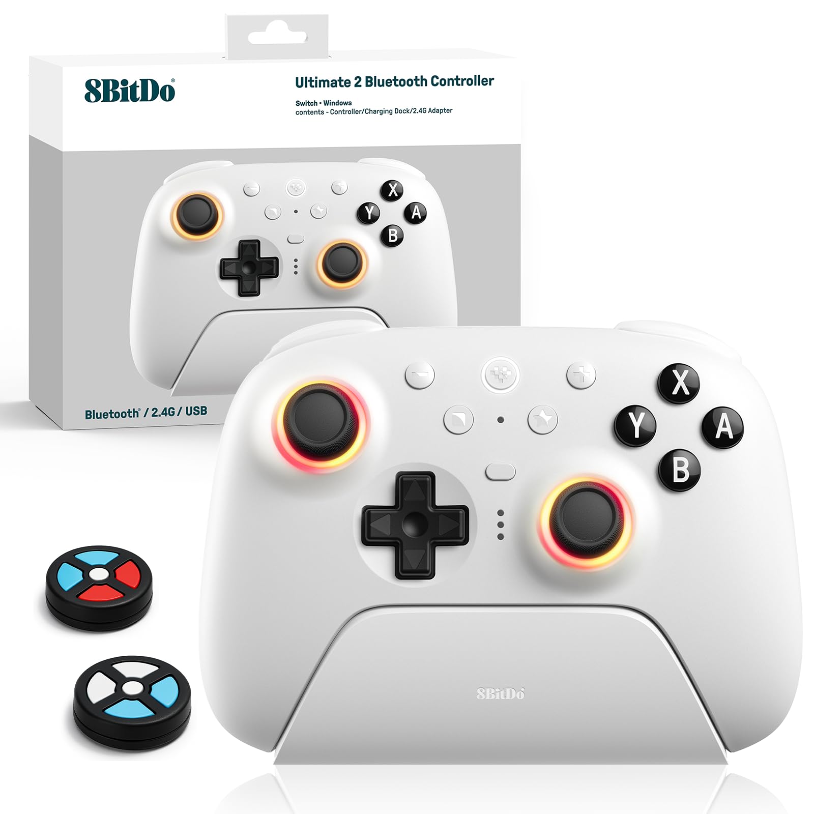 Bluetooth 8BitDo Controller Ultimate 2 for Switch 2, Switch, Windows PC, Joystick TMR update, RGB Fire Ring, Tactile Trillets Commutable Hall Effect, Vibration, L4/R4 Remoneable, White