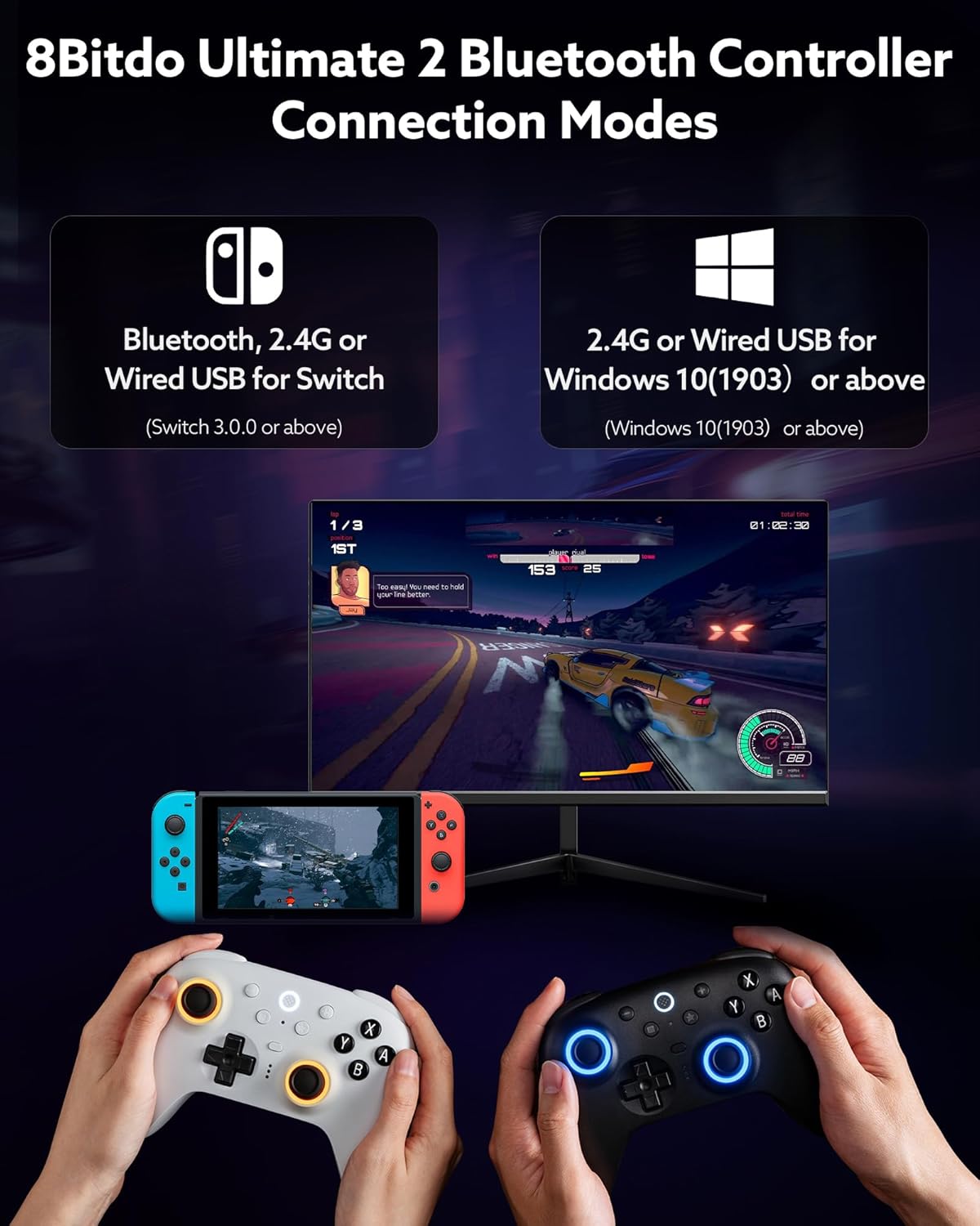 Bluetooth 8BitDo Controller Ultimate 2 for Switch 2, Switch, Windows PC, Joystick TMR update, RGB Fire Ring, Tactile Trillets Commutable Hall Effect, Vibration, L4/R4 Remoneable, White