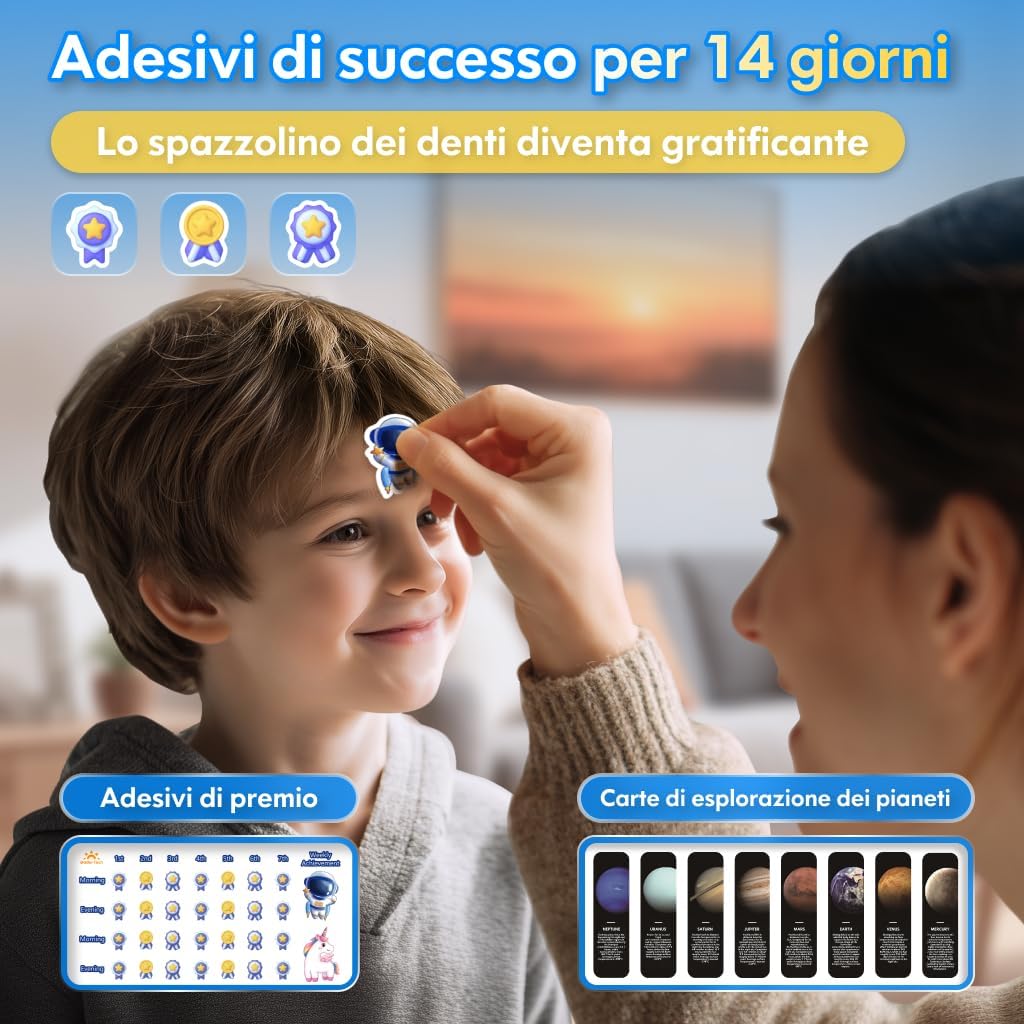 Children's electric toothbrush 3-6-18 years of electric brush girl baby boy with timer, habits stickers and 4 soft heads (black astronaut) astronaut (black) 1 unit (pack of 1)