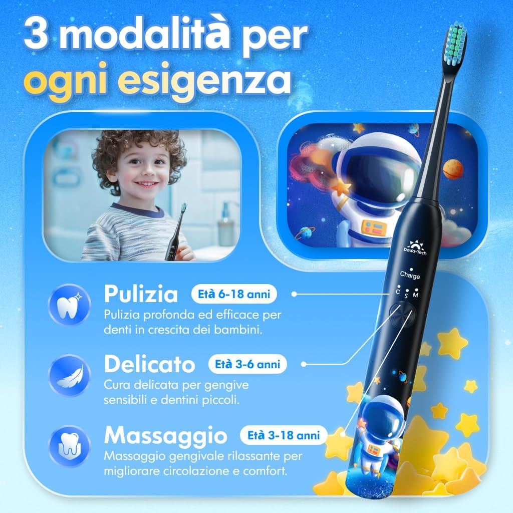 Children's electric toothbrush 3-6-18 years of electric brush girl baby boy with timer, habits stickers and 4 soft heads (black astronaut) astronaut (black) 1 unit (pack of 1)