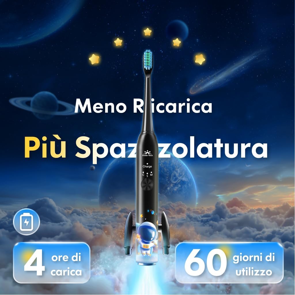 Children's electric toothbrush 3-6-18 years of electric brush girl baby boy with timer, habits stickers and 4 soft heads (black astronaut) astronaut (black) 1 unit (pack of 1)