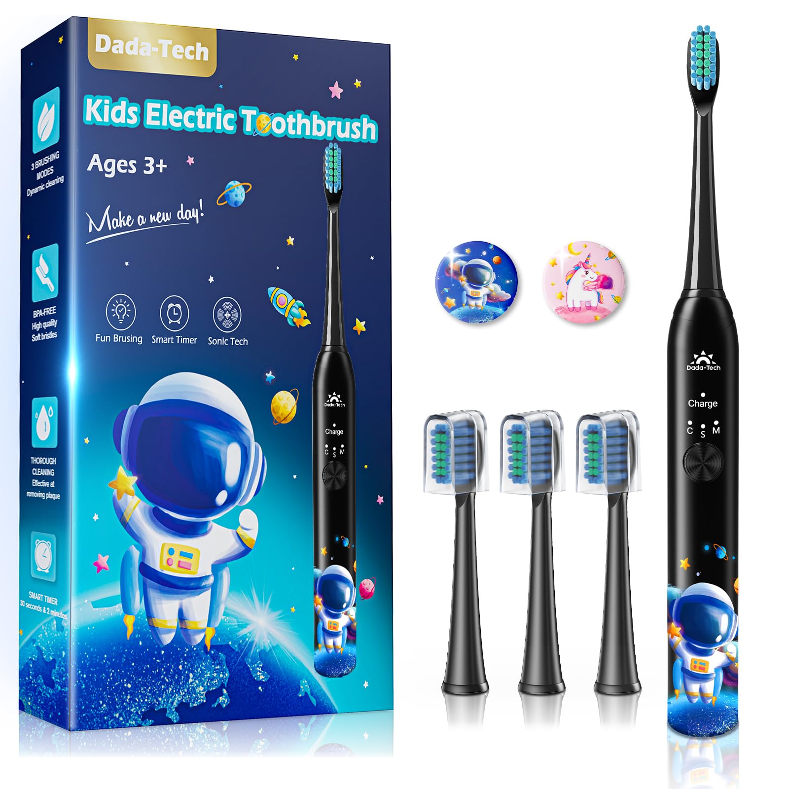 Children's electric toothbrush 3-6-18 years of electric brush girl baby boy with timer, habits stickers and 4 soft heads (black astronaut) astronaut (black) 1 unit (pack of 1)