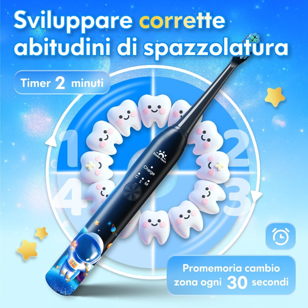Children's electric toothbrush 3-6-18 years of electric brush girl baby boy with timer, habits stickers and 4 soft heads (black astronaut) astronaut (black) 1 unit (pack of 1)
