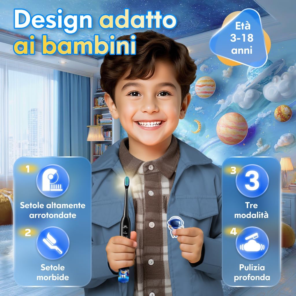 Children's electric toothbrush 3-6-18 years of electric brush girl baby boy with timer, habits stickers and 4 soft heads (black astronaut) astronaut (black) 1 unit (pack of 1)