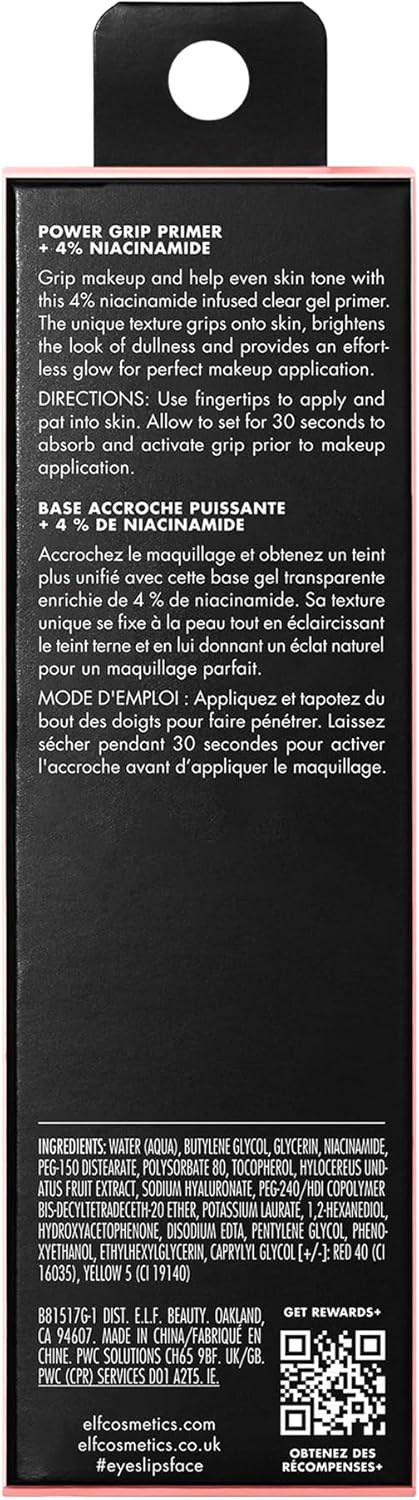 Elf Power Grip Primer + 4% Niacinamide, Gel-based moisturizing face primer, uniform and illuminates the skin, makes the make-up adhere, vegan product and not tested on animals, 24 ml (0.811 fl oz) power grip primer + niacinamide