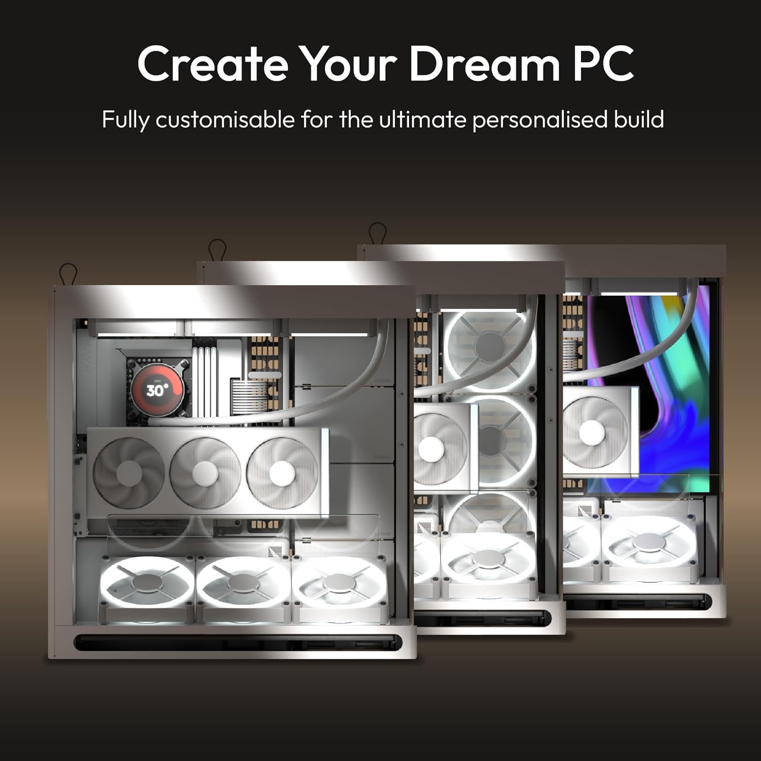 HAVN HS 420 VGPU Dual-Chamber Mid Tower ATX PC Case White | PCIe 5.0 Vertical GPU Kit, 11x 140mm Fan Slots & 2X 420mm Radiator Support, SimpliCable Cable Management, Tempered Glass, PWM Fan Hub White Vertical GPU Mount