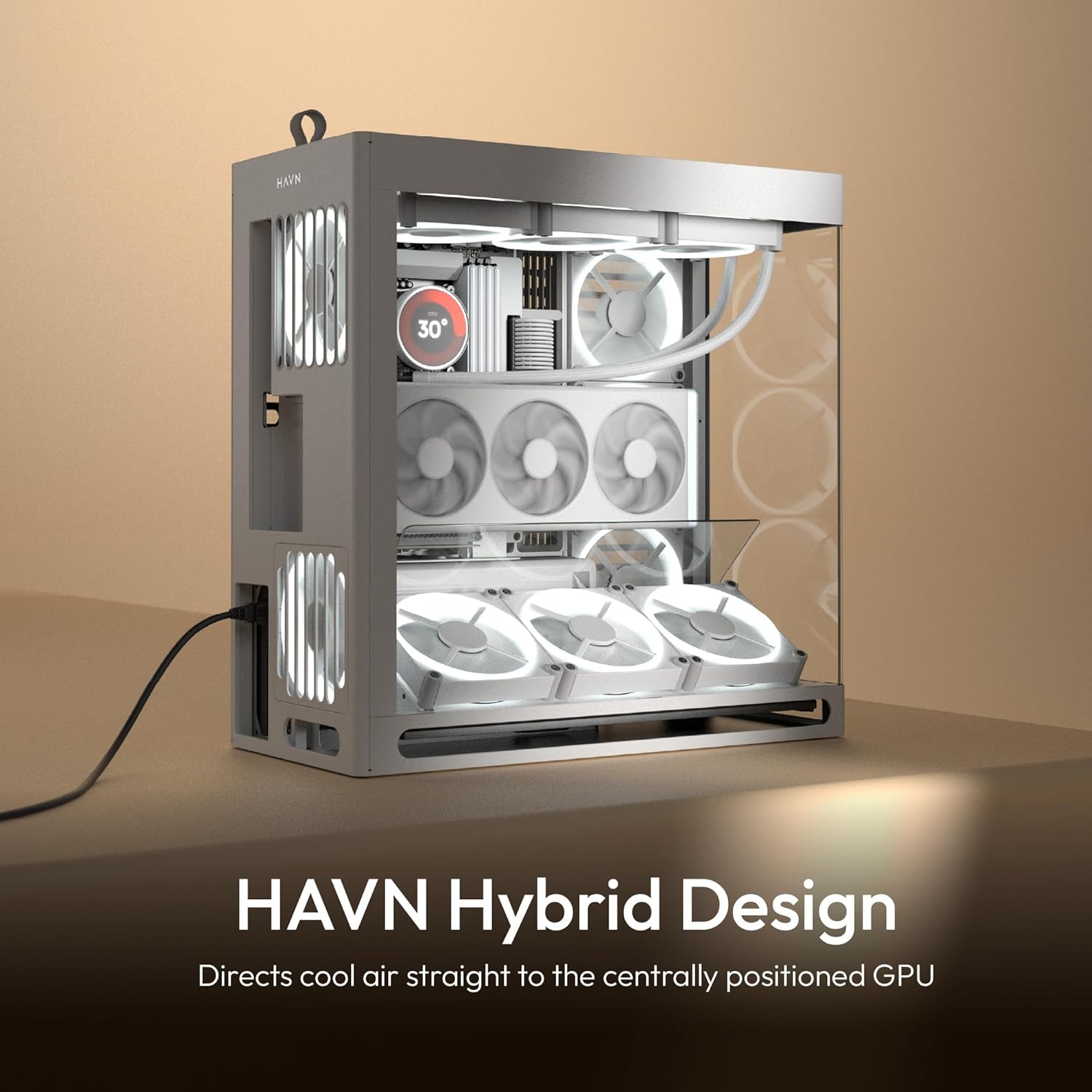 HAVN HS 420 VGPU Dual-Chamber Mid Tower ATX PC Case White | PCIe 5.0 Vertical GPU Kit, 11x 140mm Fan Slots & 2X 420mm Radiator Support, SimpliCable Cable Management, Tempered Glass, PWM Fan Hub White Vertical GPU Mount