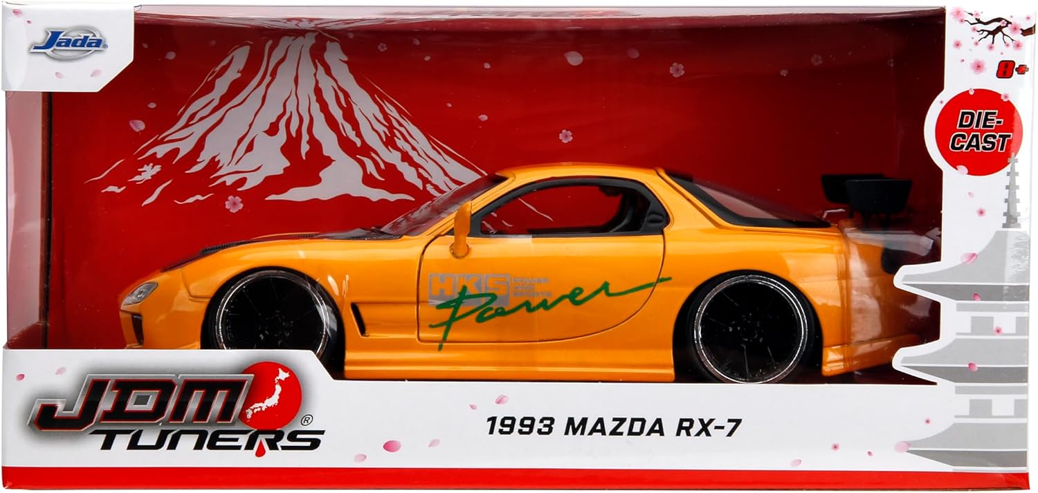 Jada Toys JDM Tuners 1:24 Die-Cast 1993 Scale Mazda RX-7 (FD) HKS, Openable doors, detailed interiors, rubber tires, collectible by age 8+ (orange yellow)
