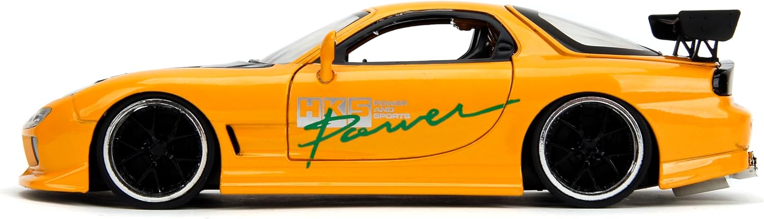 Jada Toys JDM Tuners 1:24 Die-Cast 1993 Scale Mazda RX-7 (FD) HKS, Openable doors, detailed interiors, rubber tires, collectible by age 8+ (orange yellow)