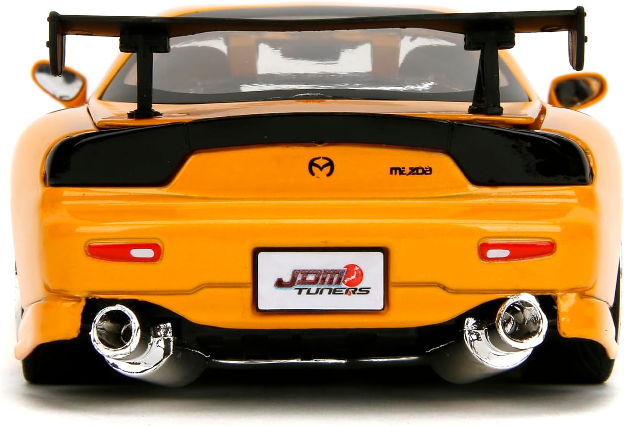 Jada Toys JDM Tuners 1:24 Die-Cast 1993 Scale Mazda RX-7 (FD) HKS, Openable doors, detailed interiors, rubber tires, collectible by age 8+ (orange yellow)