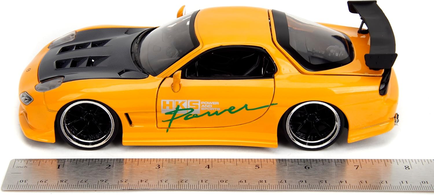 Jada Toys JDM Tuners 1:24 Die-Cast 1993 Scale Mazda RX-7 (FD) HKS, Openable doors, detailed interiors, rubber tires, collectible by age 8+ (orange yellow)