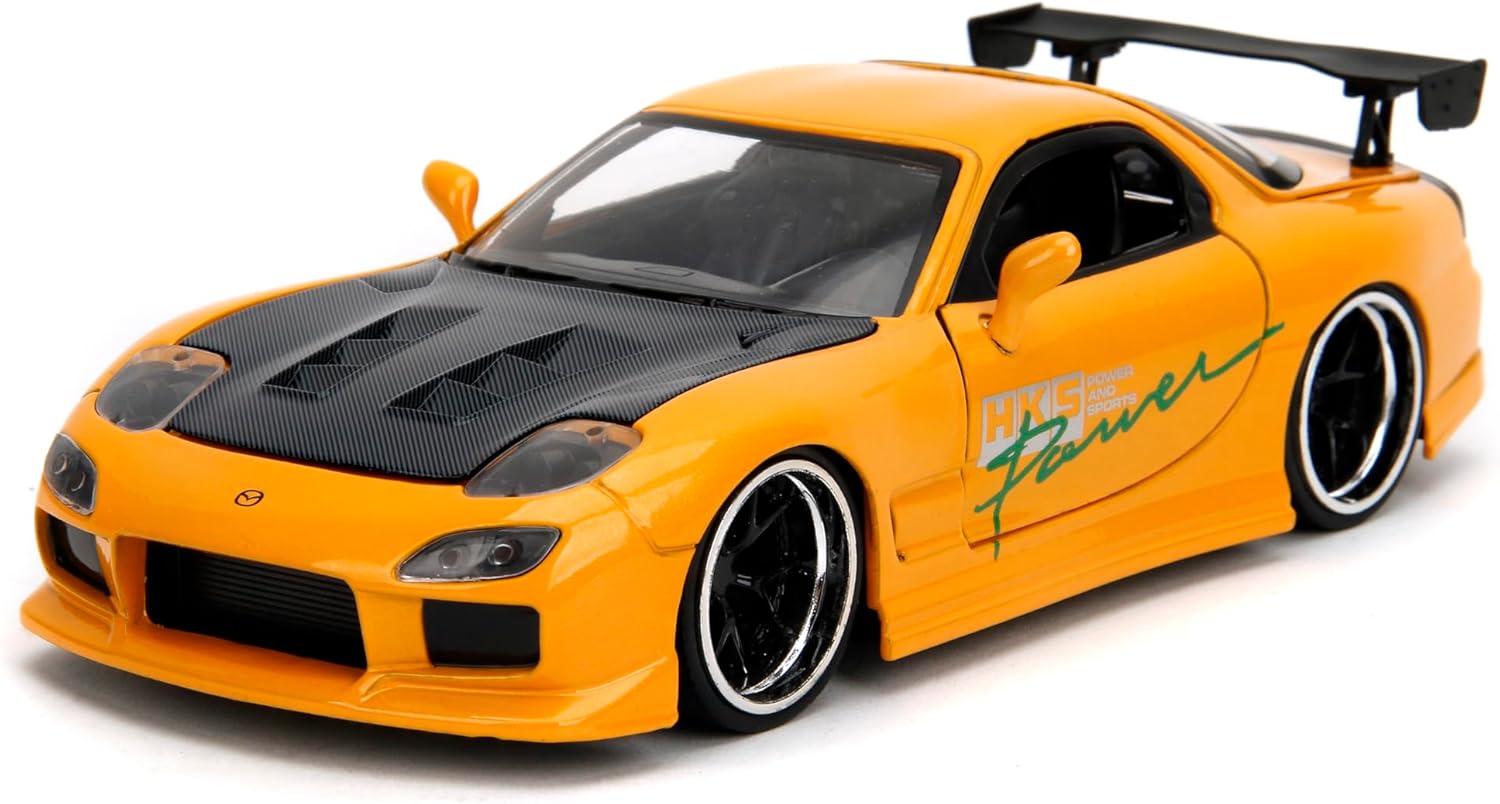 Jada Toys JDM Tuners 1:24 Die-Cast 1993 Scale Mazda RX-7 (FD) HKS, Openable doors, detailed interiors, rubber tires, collectible by age 8+ (orange yellow)