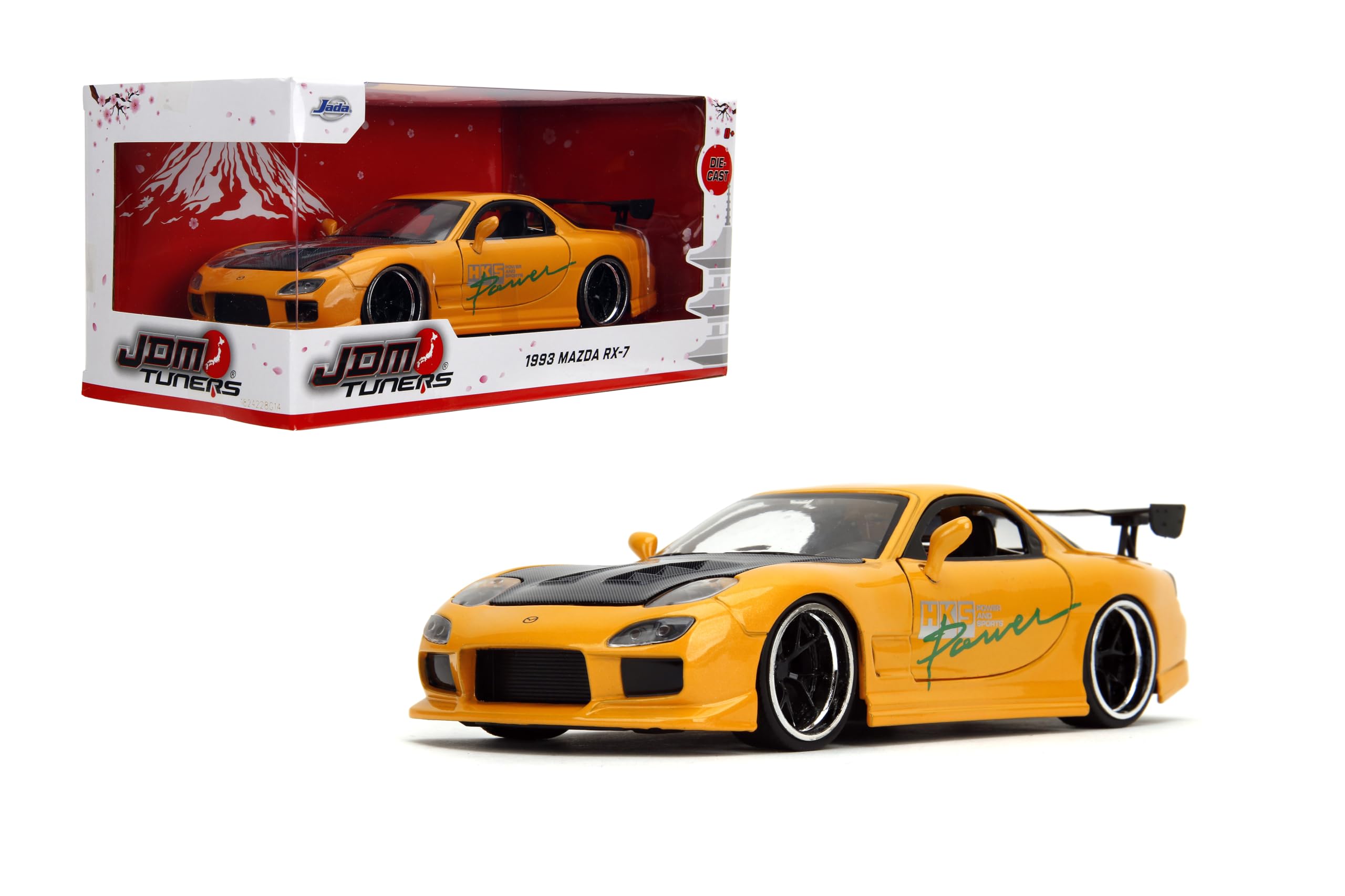 Jada Toys JDM Tuners 1:24 Die-Cast 1993 Scale Mazda RX-7 (FD) HKS, Openable doors, detailed interiors, rubber tires, collectible by age 8+ (orange yellow)
