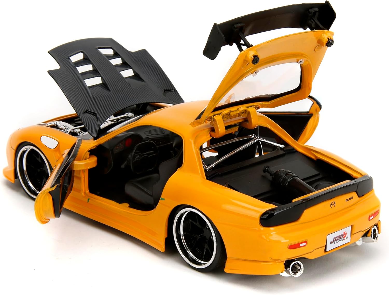 Jada Toys JDM Tuners 1:24 Die-Cast 1993 Scale Mazda RX-7 (FD) HKS, Openable doors, detailed interiors, rubber tires, collectible by age 8+ (orange yellow)