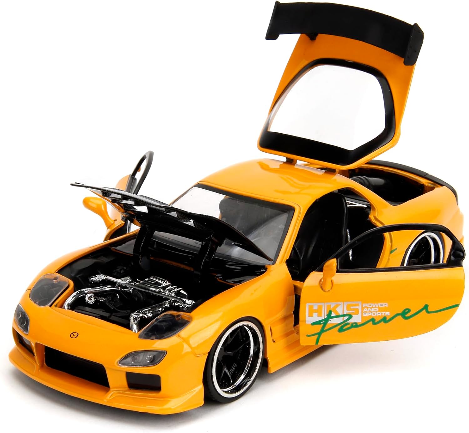 Jada Toys JDM Tuners 1:24 Die-Cast 1993 Scale Mazda RX-7 (FD) HKS, Openable doors, detailed interiors, rubber tires, collectible by age 8+ (orange yellow)