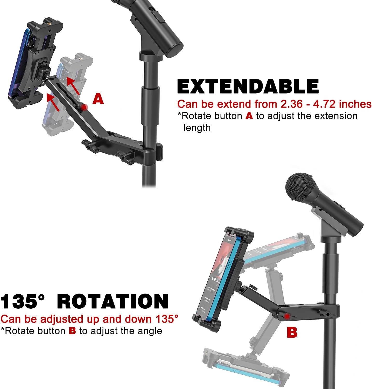 Jubor Tablet support for microphone, 360 ° adjustable auction tablet, support iPad music for iPad, iPad Pro, iPad mini, iPad Air, smartphone 4.7-13.5 "