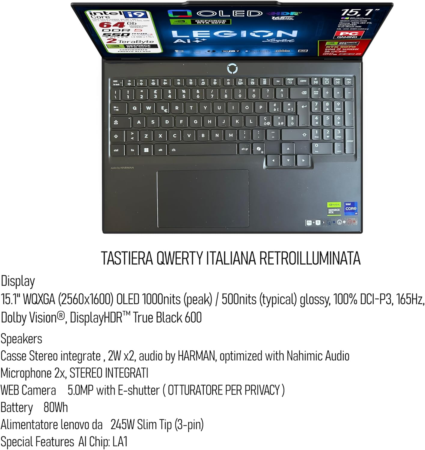Lenovo Legion 5 Ai, Notebook Gaming, Intel Core i9-14900HX, RAM DDR5 64GB, SSD 2TB (2 x 1TB) Display 15.1 "WQXGA (2560x1600) OLED 1000NITS, 165Hz, GeForce RTX 5070 8GB, Win 11 Pro, Ready to use