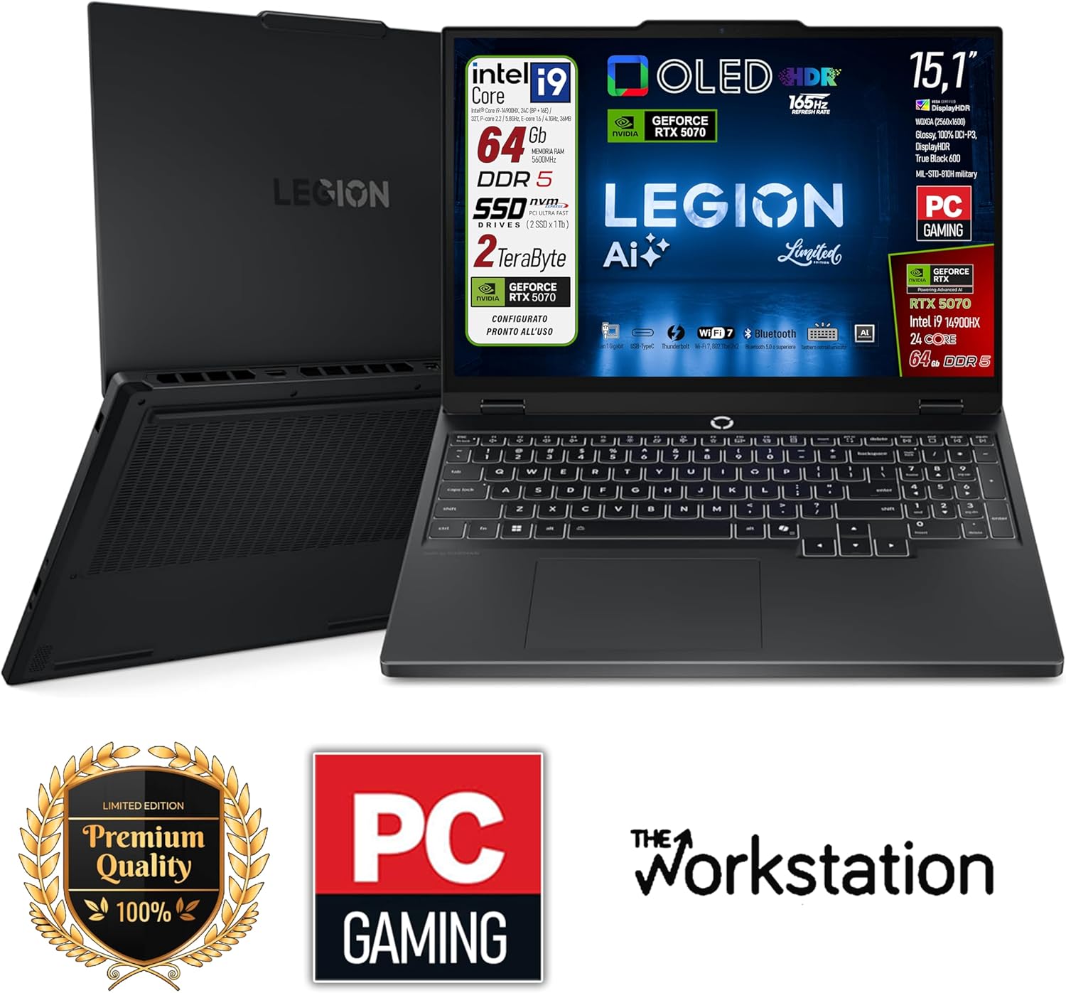 Lenovo Legion 5 Ai, Notebook Gaming, Intel Core i9-14900HX, RAM DDR5 64GB, SSD 2TB (2 x 1TB) Display 15.1 "WQXGA (2560x1600) OLED 1000NITS, 165Hz, GeForce RTX 5070 8GB, Win 11 Pro, Ready to use