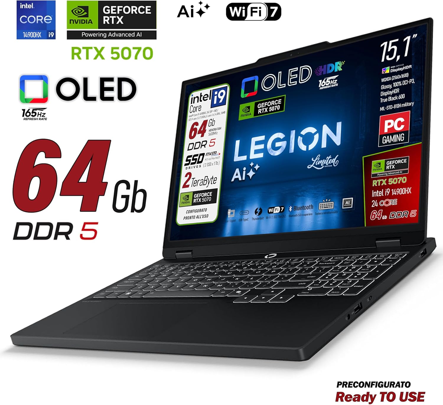 Lenovo Legion 5 Ai, Notebook Gaming, Intel Core i9-14900HX, RAM DDR5 64GB, SSD 2TB (2 x 1TB) Display 15.1 "WQXGA (2560x1600) OLED 1000NITS, 165Hz, GeForce RTX 5070 8GB, Win 11 Pro, Ready to use