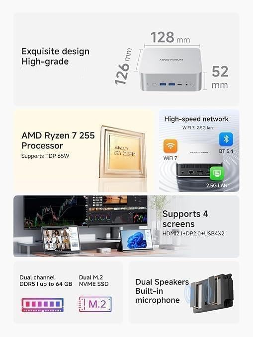 Minisforum Ai X1 Mini PC, AMD Ryzen processor 7 255 8-core 16-Thread up to 4.9 GHz, AMD Radeon 780m, Barebone without DDR5 RAM/PCIe 4.0 SSD, HDMI/DP/USB4 X 2/2.5 g RJ45, USB 3.2 x 2, WiFi 7, BT5.4 X1-255 Barebone