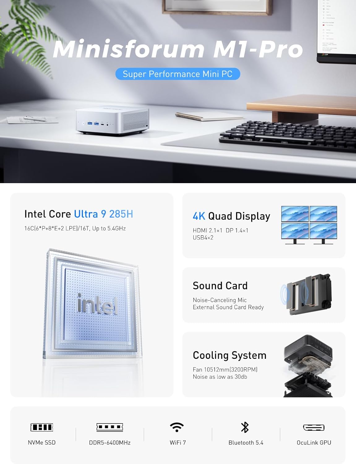 Minisforum at Mini PC M1 PRO-285H with Intel Core Ultra processor 9 285h (16C/16T, up to 5.4 GHz), Mini Computer 64 GB DDR5 PCIE4.0 SSD 2 TB, Quad display with HDMI 2.1/USB4/DP, 5 USB ports, WiFi 7 M1 PRO-285H (64+2TB)