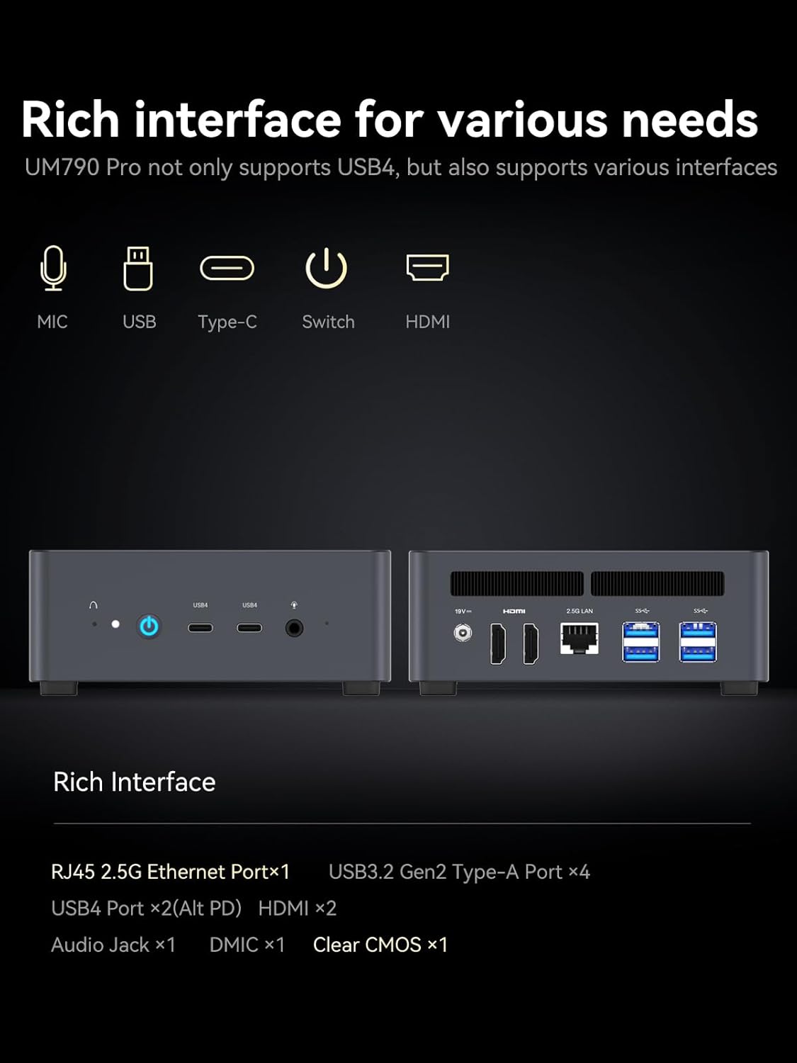 Minisforum Venus Um790 Pro Mini PC AMD Ryzen 9 7940HS JUSQU'à 5.2 GHz 64 GO DDR5 1 A SSD with AMD Radeon 780m, 4x USB3.2, 2x 2x, 2x HDMI 2.1, 2x PCIe4.0, Wi-Fi 6E /BT5.3, RJ45 2.5 G Um790 Pro 64 /1TB