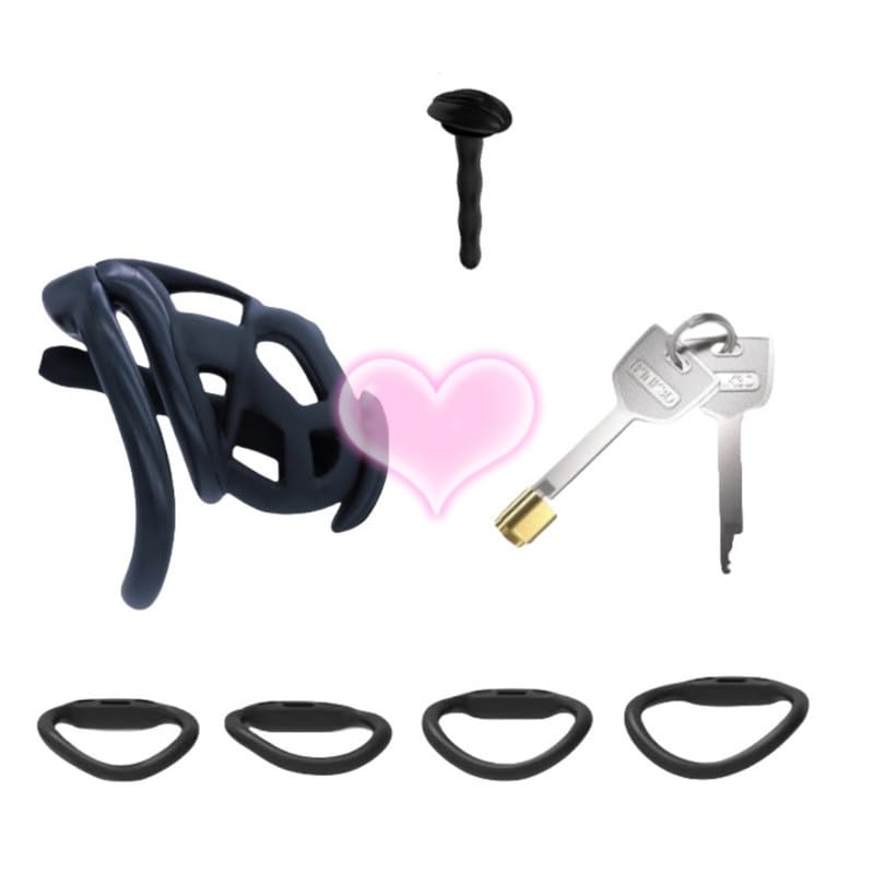 Multifunctional black male special cage + 4 replaceable accessories + 1 pair of keys + black silicone tube - comfortable portable male gift xs