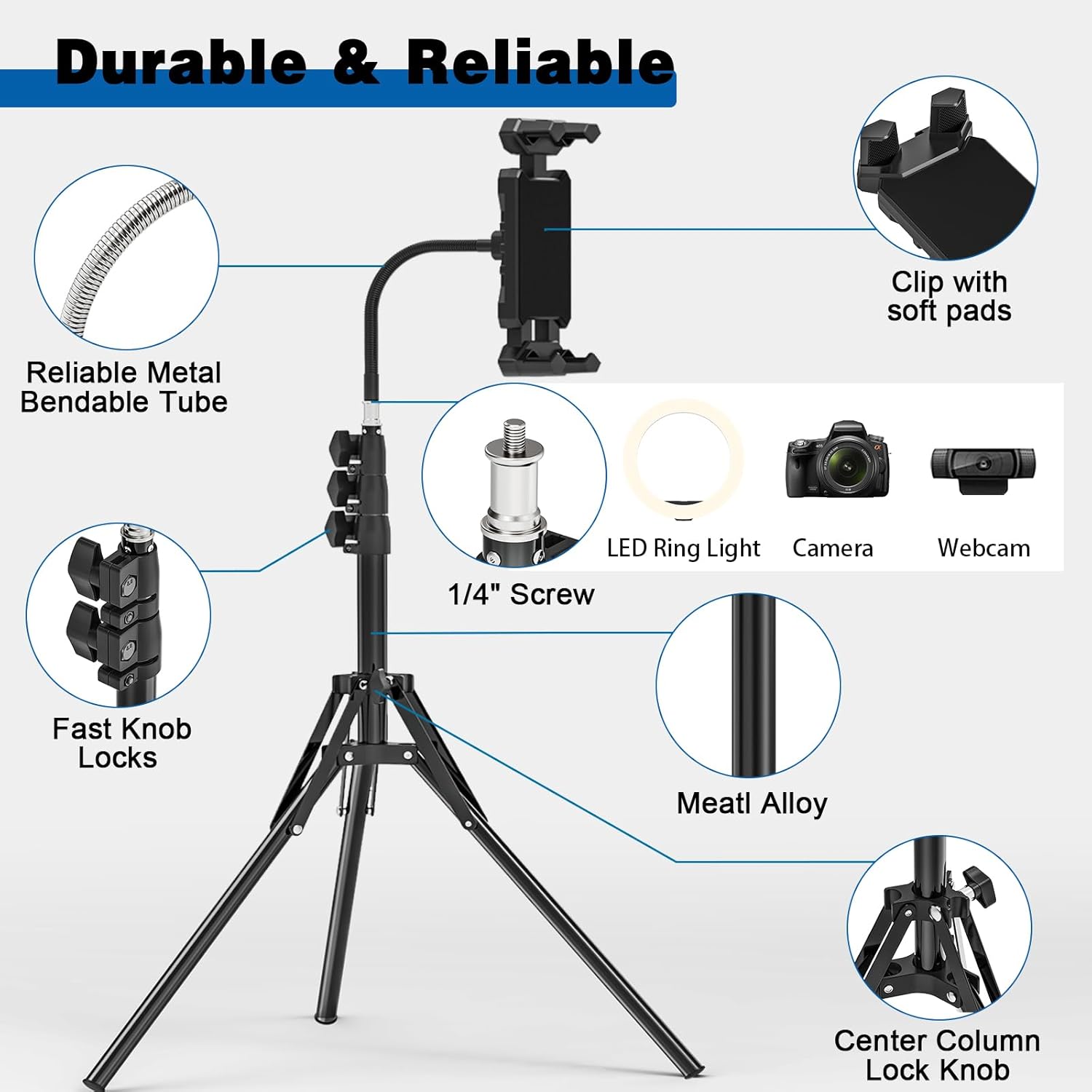 Nakelulu Tablet tripod support, 175cm adjustable iPad floor support for tablets with 360 ° swivel tripod tripod for iPad Pro, mini and tablets and 4.7-13.5-inch phones and phones