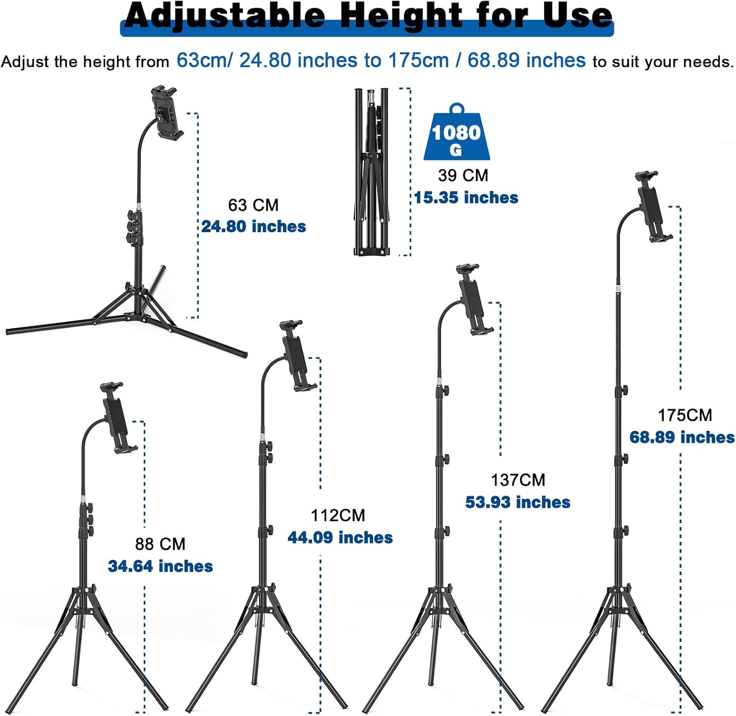 Nakelulu Tablet tripod support, 175cm adjustable iPad floor support for tablets with 360 ° swivel tripod tripod for iPad Pro, mini and tablets and 4.7-13.5-inch phones and phones
