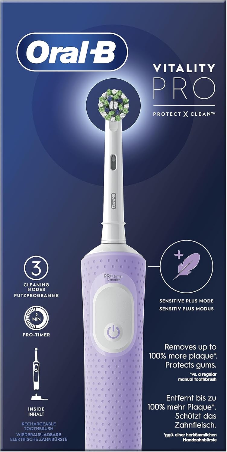 Oral-B Vitality Pro Rechargeable Electrical Brush, 3 brush modes, long-lasting battery, 1 head and 1 toothbrush, purple, gift idea Vitality Pro Protect X Clean Lilac Mist