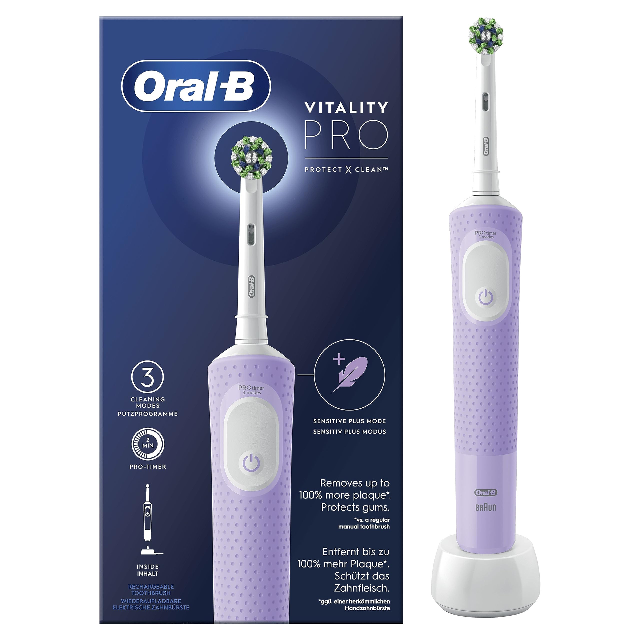 Oral-B Vitality Pro Rechargeable Electrical Brush, 3 brush modes, long-lasting battery, 1 head and 1 toothbrush, purple, gift idea Vitality Pro Protect X Clean Lilac Mist