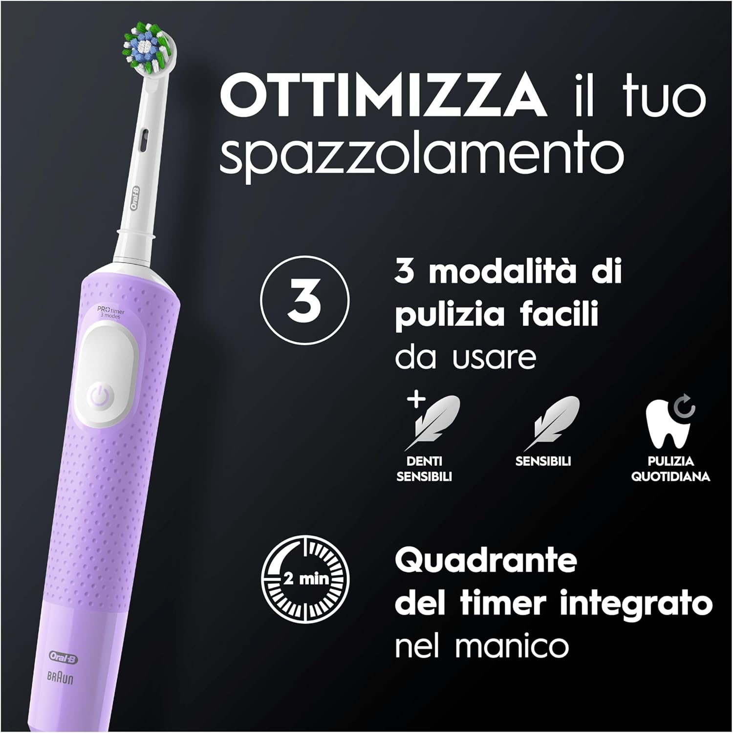 Oral-B Vitality Pro Rechargeable Electrical Brush, 3 brush modes, long-lasting battery, 1 head and 1 toothbrush, purple, gift idea Vitality Pro Protect X Clean Lilac Mist