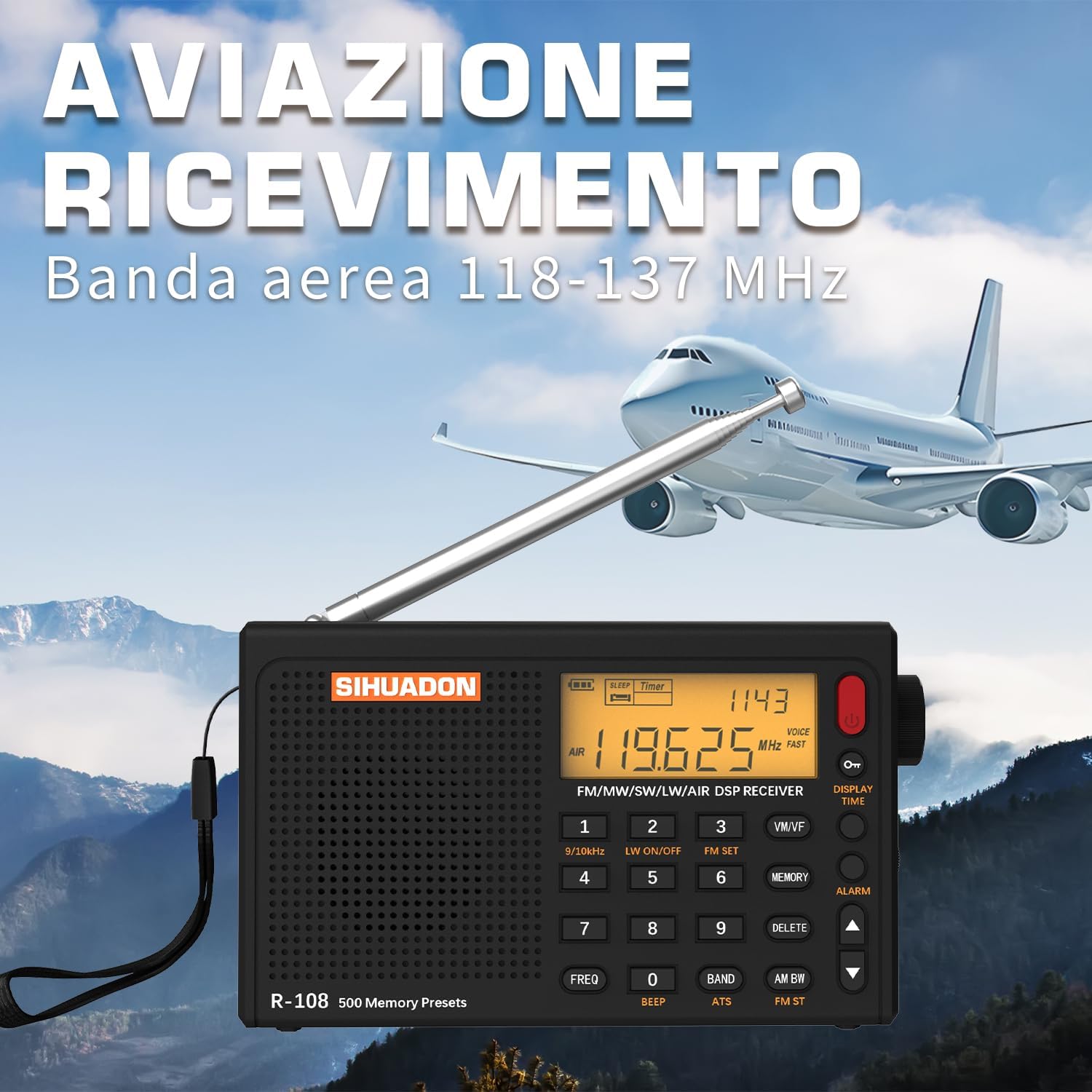 Portable Radio Sihuadon R108 FM AM SW Radio Multibanda Rechargeable Excellent Reception View of the Retroil Radio Time Digital Radio Suspension Time Alarm Black Alarm