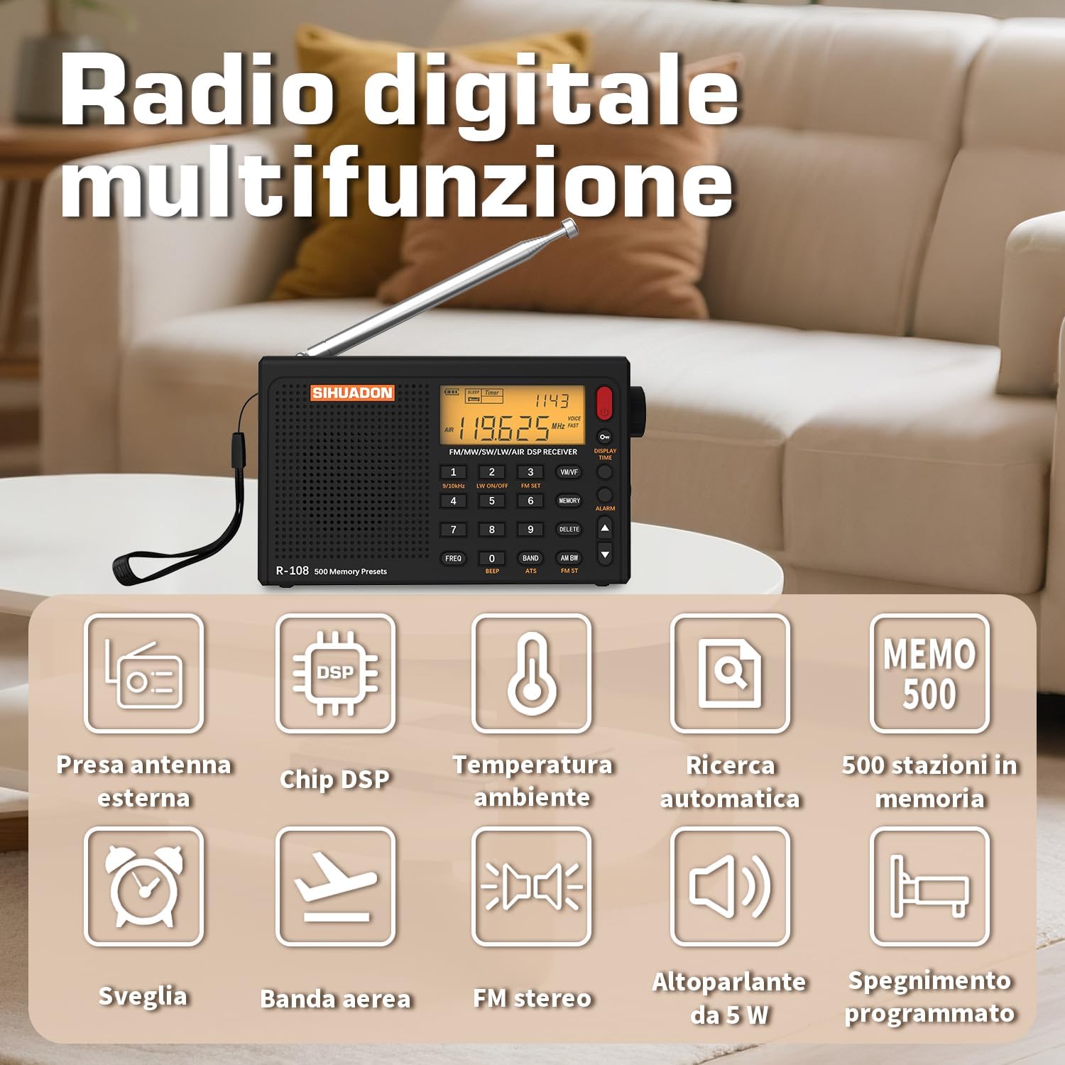 Portable Radio Sihuadon R108 FM AM SW Radio Multibanda Rechargeable Excellent Reception View of the Retroil Radio Time Digital Radio Suspension Time Alarm Black Alarm