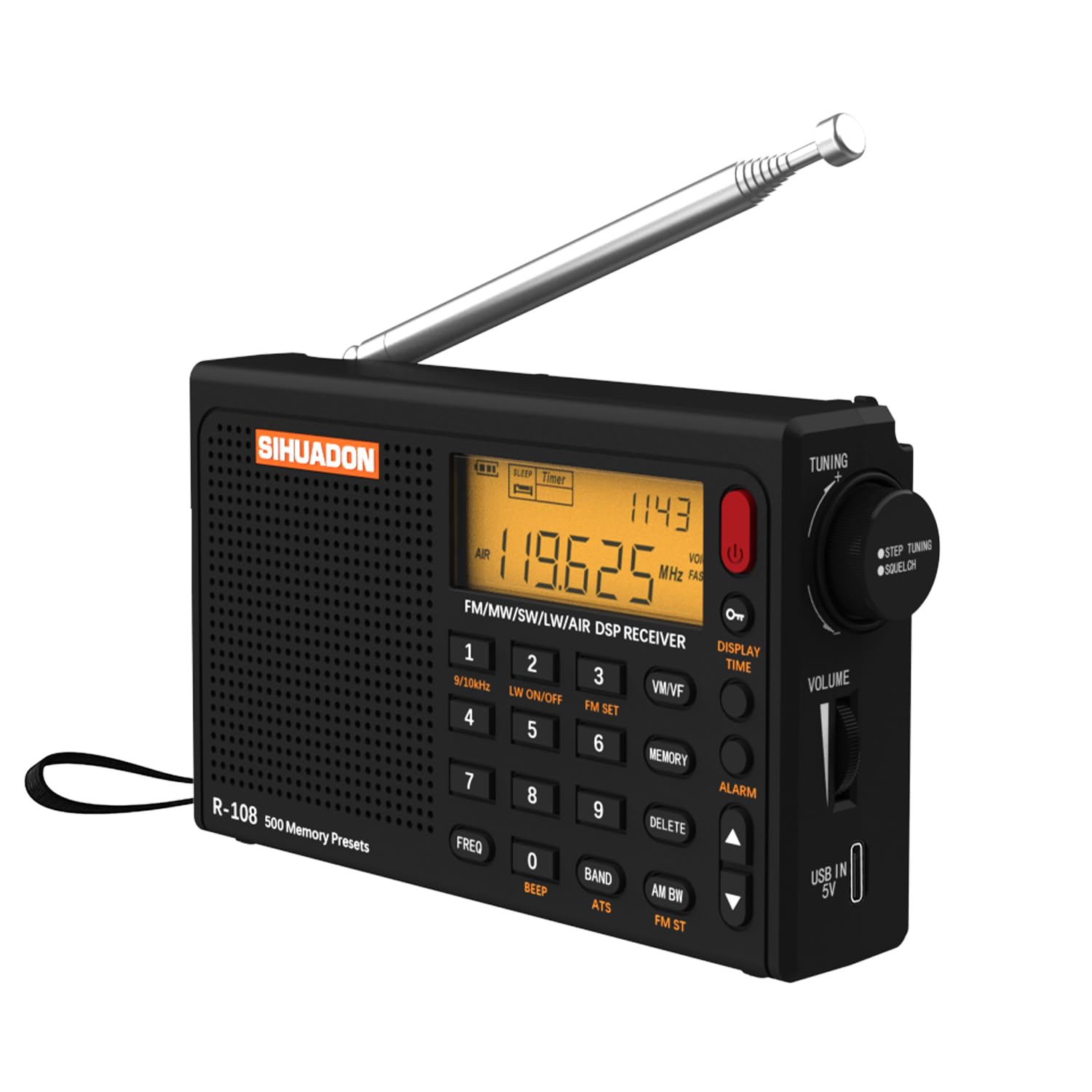 Portable Radio Sihuadon R108 FM AM SW Radio Multibanda Rechargeable Excellent Reception View of the Retroil Radio Time Digital Radio Suspension Time Alarm Black Alarm