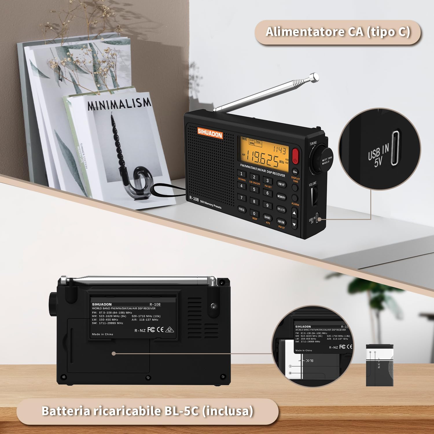 Portable Radio Sihuadon R108 FM AM SW Radio Multibanda Rechargeable Excellent Reception View of the Retroil Radio Time Digital Radio Suspension Time Alarm Black Alarm