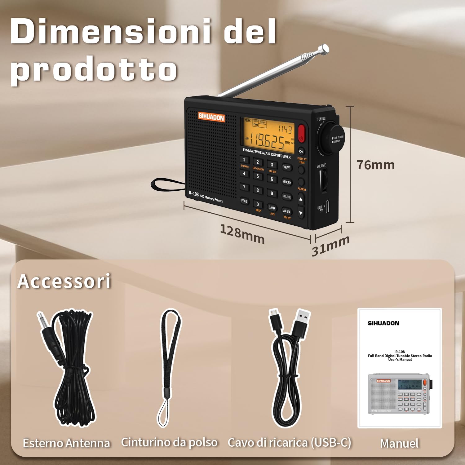 Portable Radio Sihuadon R108 FM AM SW Radio Multibanda Rechargeable Excellent Reception View of the Retroil Radio Time Digital Radio Suspension Time Alarm Black Alarm