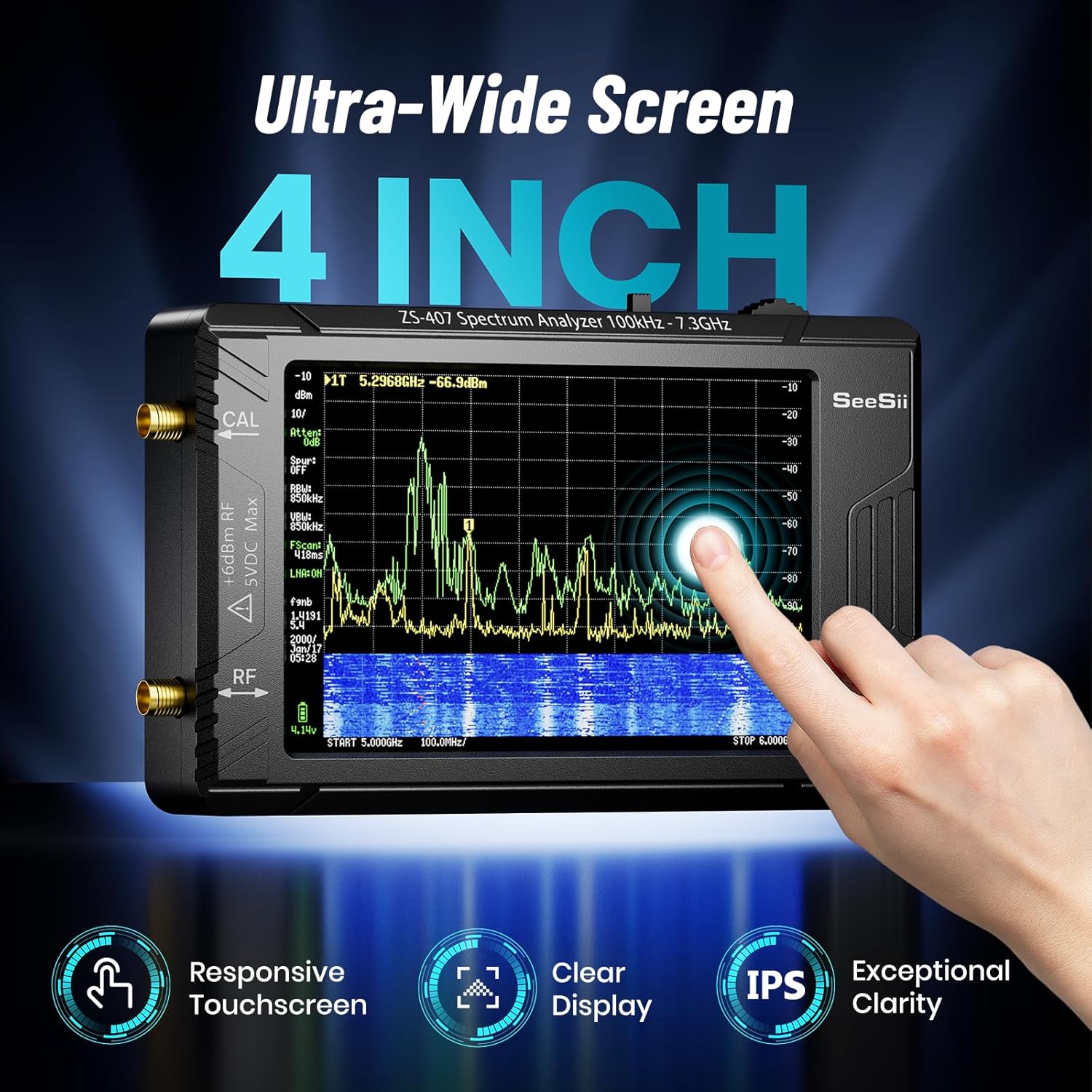 SeeSii TinySA Ultra+ ZS407 7.3GHz Spectrum Analyzer: 2025 Upgraded 4 Inch HW V0.5.4 100kHz-7.3GHz Handheld Tiny Frequency Analyzer - 2-in-1 RF Signal Generator 100kHz to 900MHz MF/HF/VHF UHF 7.3GHz ZS407