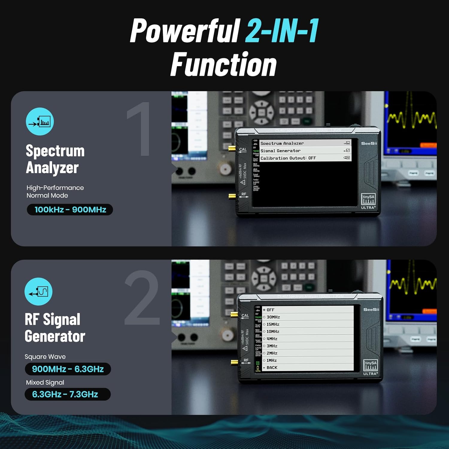 SeeSii TinySA Ultra+ ZS407 7.3GHz Spectrum Analyzer: 2025 Upgraded 4 Inch HW V0.5.4 100kHz-7.3GHz Handheld Tiny Frequency Analyzer - 2-in-1 RF Signal Generator 100kHz to 900MHz MF/HF/VHF UHF 7.3GHz ZS407