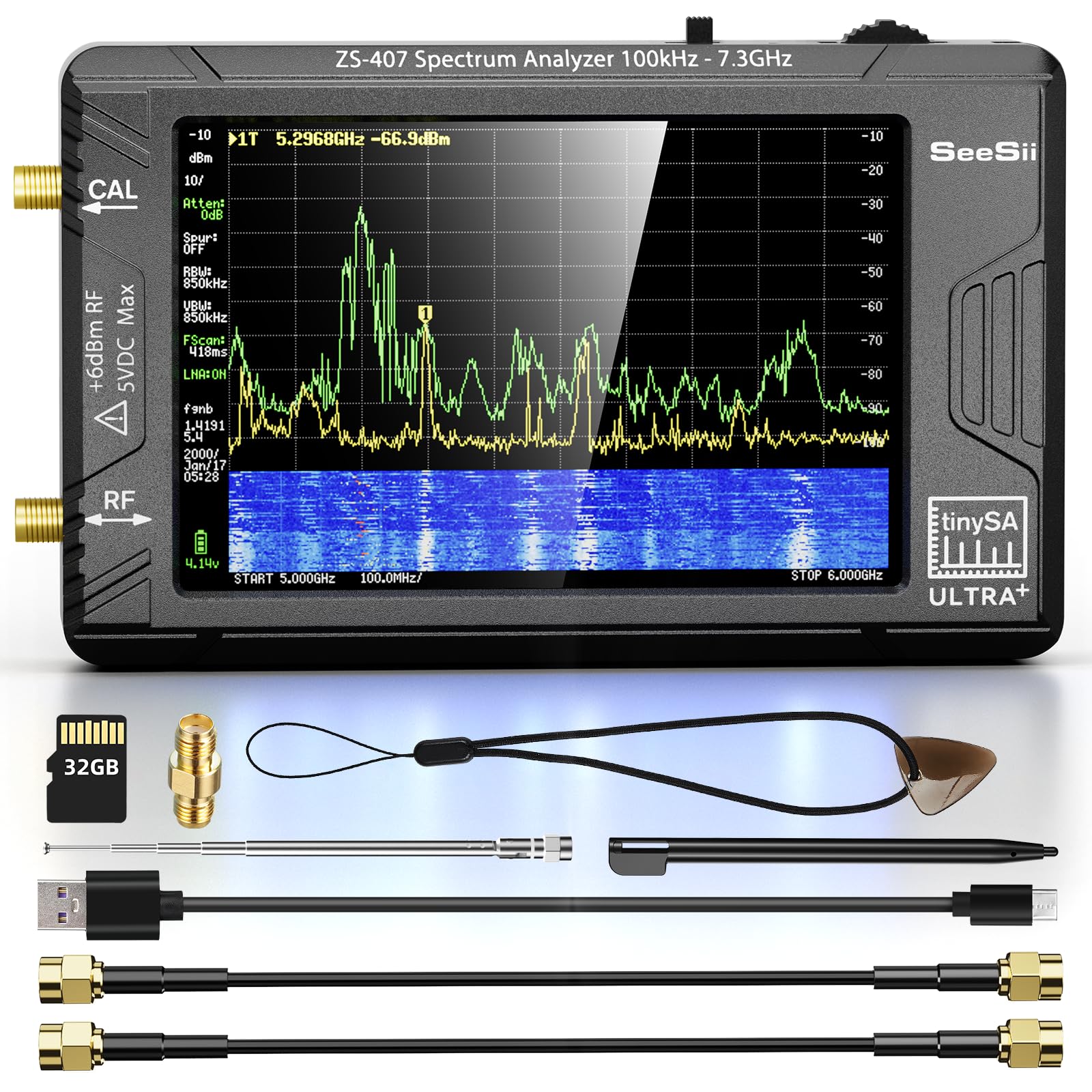 SeeSii TinySA Ultra+ ZS407 7.3GHz Spectrum Analyzer: 2025 Upgraded 4 Inch HW V0.5.4 100kHz-7.3GHz Handheld Tiny Frequency Analyzer - 2-in-1 RF Signal Generator 100kHz to 900MHz MF/HF/VHF UHF 7.3GHz ZS407