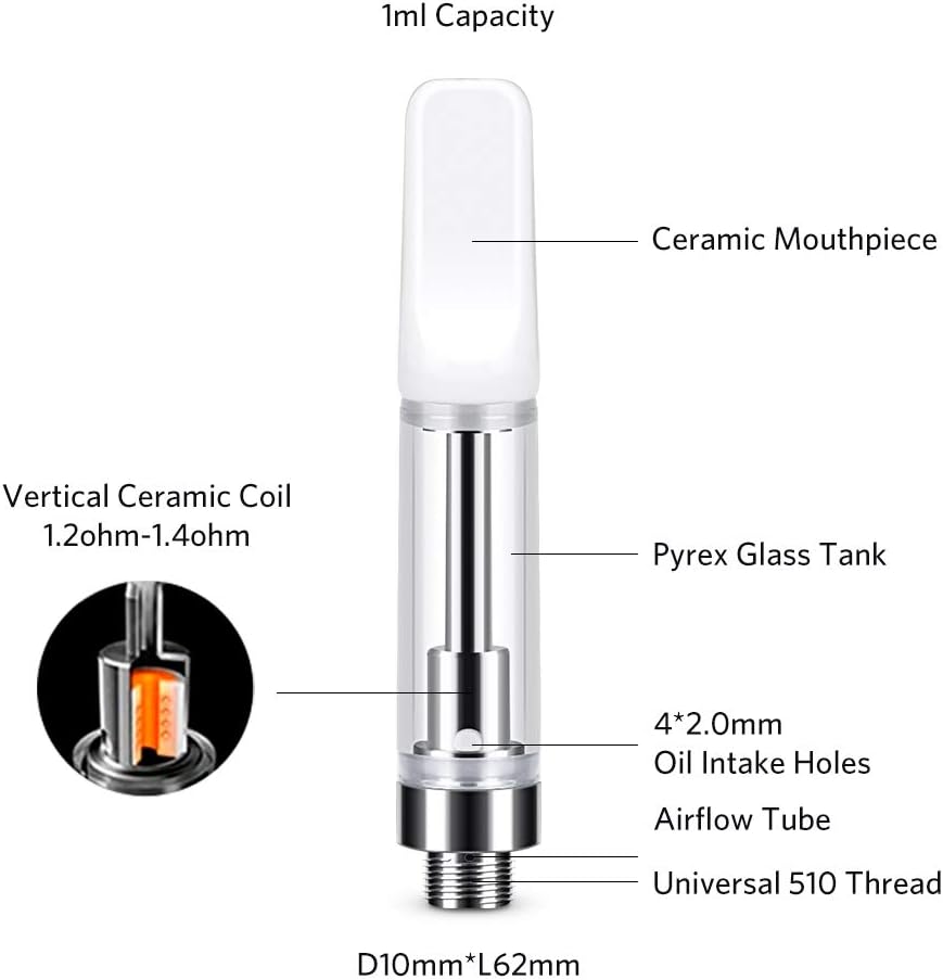 5 pieces Refillable CBD Vaping Ceramic Coil Cartridge Atomizer Tank 1.0ml 2.0mm Intake Hole for Electronic Cigarettes compatible 510 Thread No Nicotine