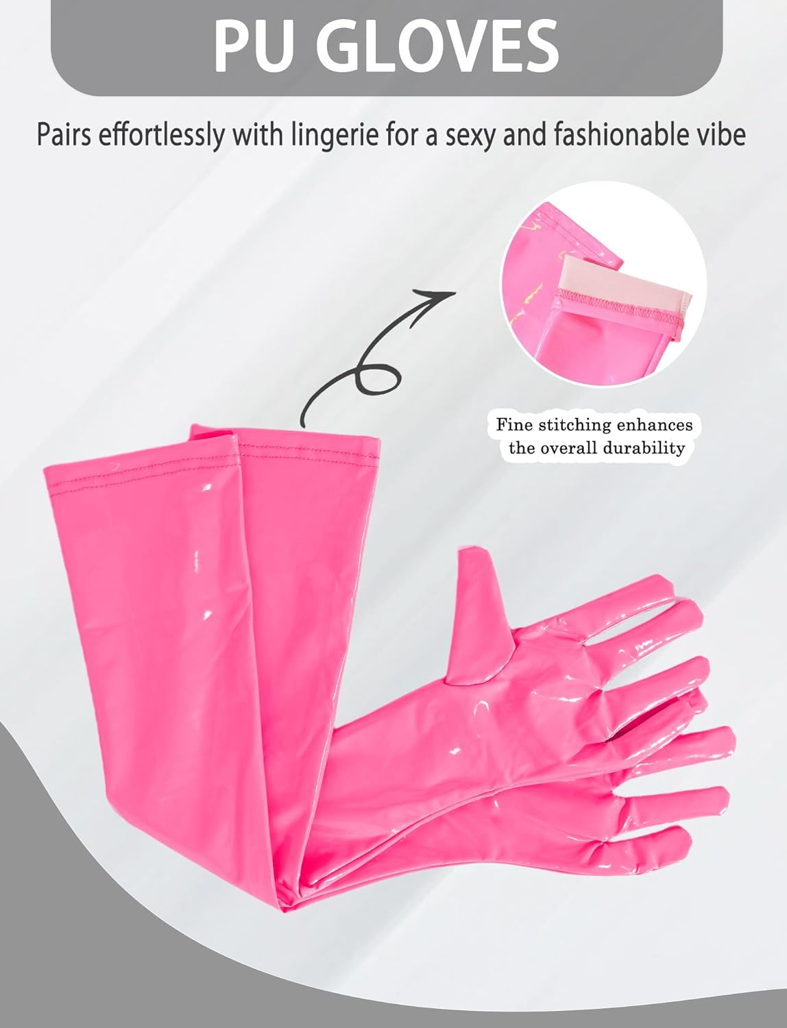 Adigau Women Long Gloves PU Shiny Leather Elbow Length Elastic Gloves Wetlook Costumes Party Cosplay Accessories XL Pink