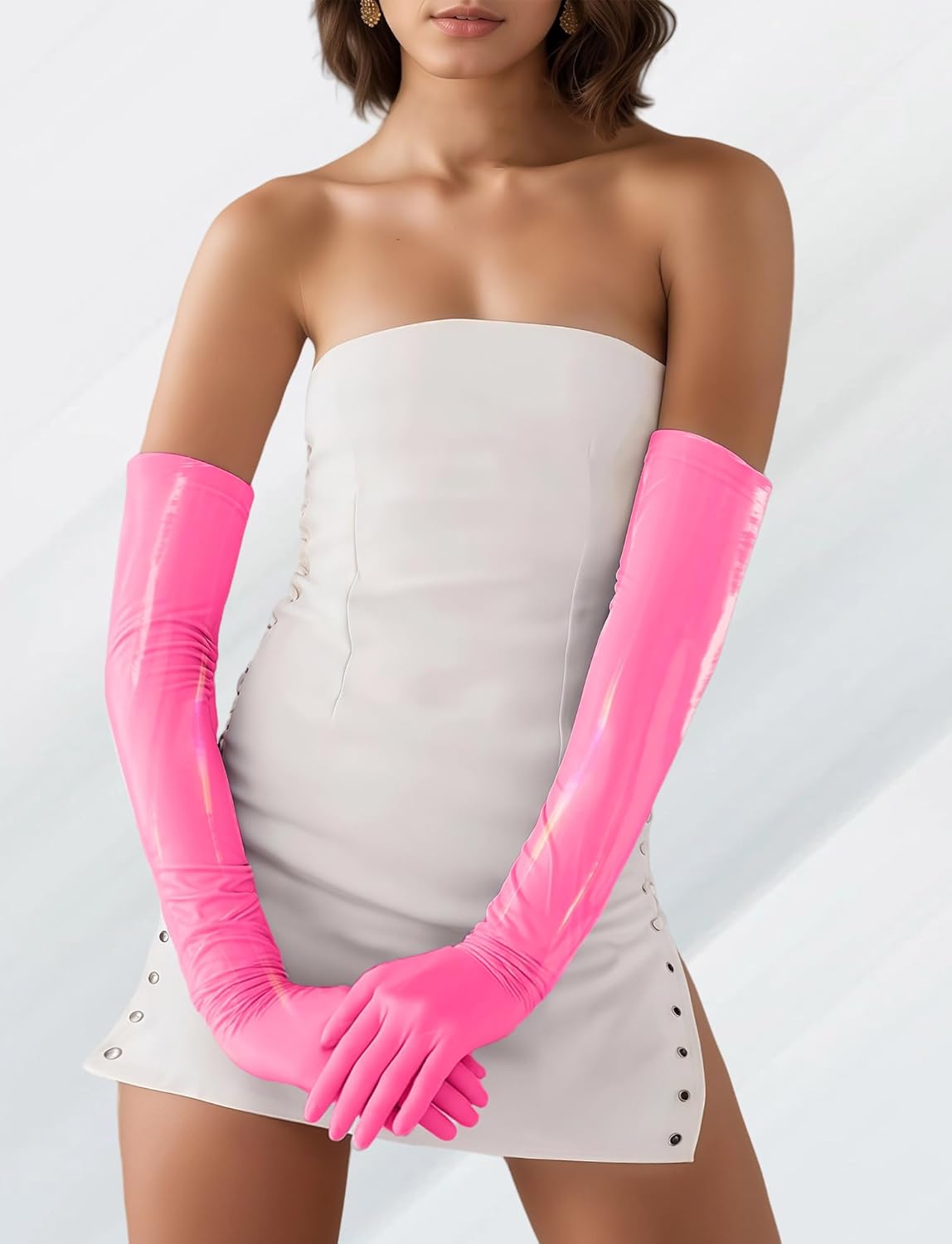 Adigau Women Long Gloves PU Shiny Leather Elbow Length Elastic Gloves Wetlook Costumes Party Cosplay Accessories XL Pink